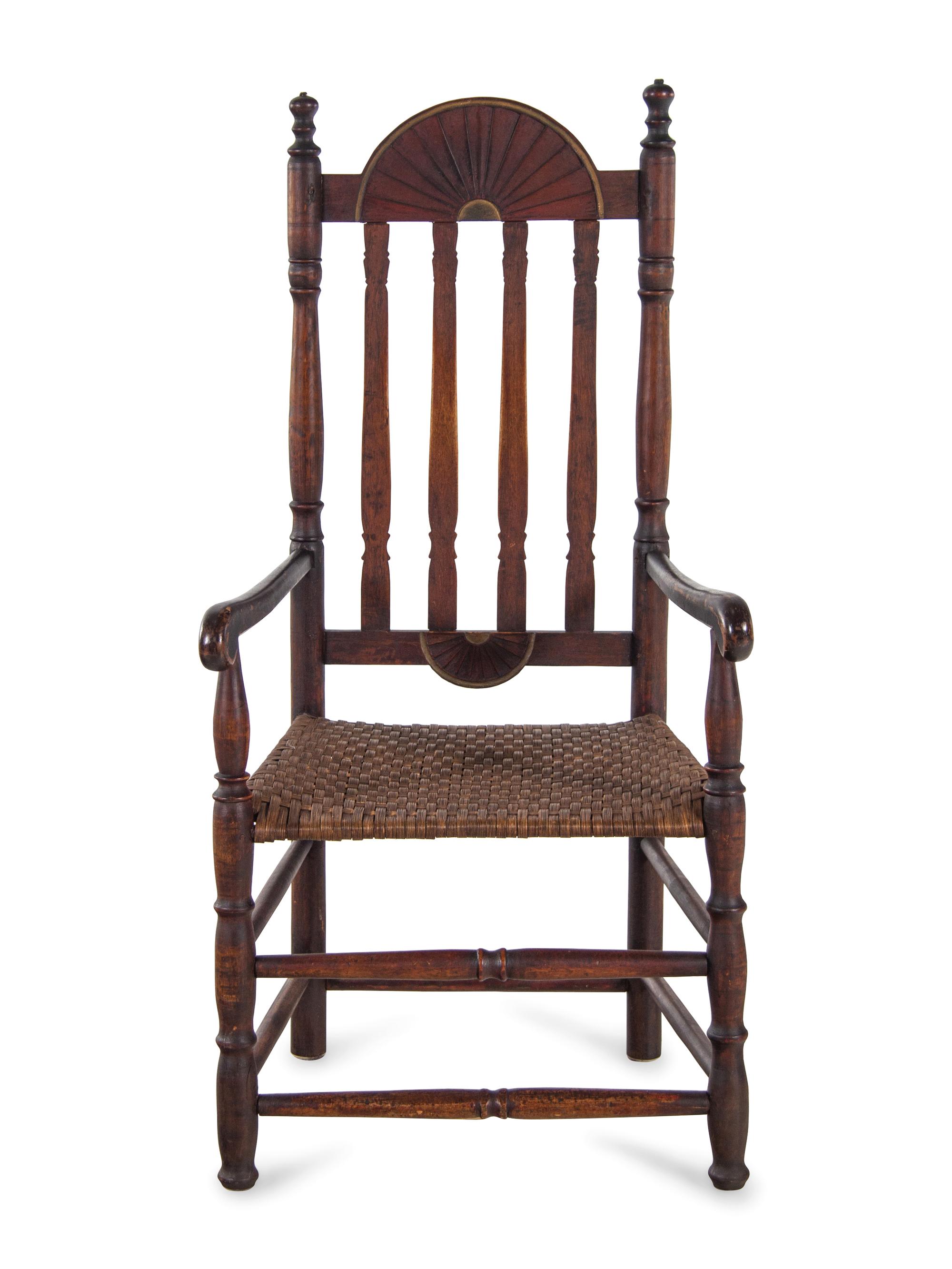 A William and Mary Style Red and Gilt Paint Decorated Bannister Back Woven Splint Seat Armchair