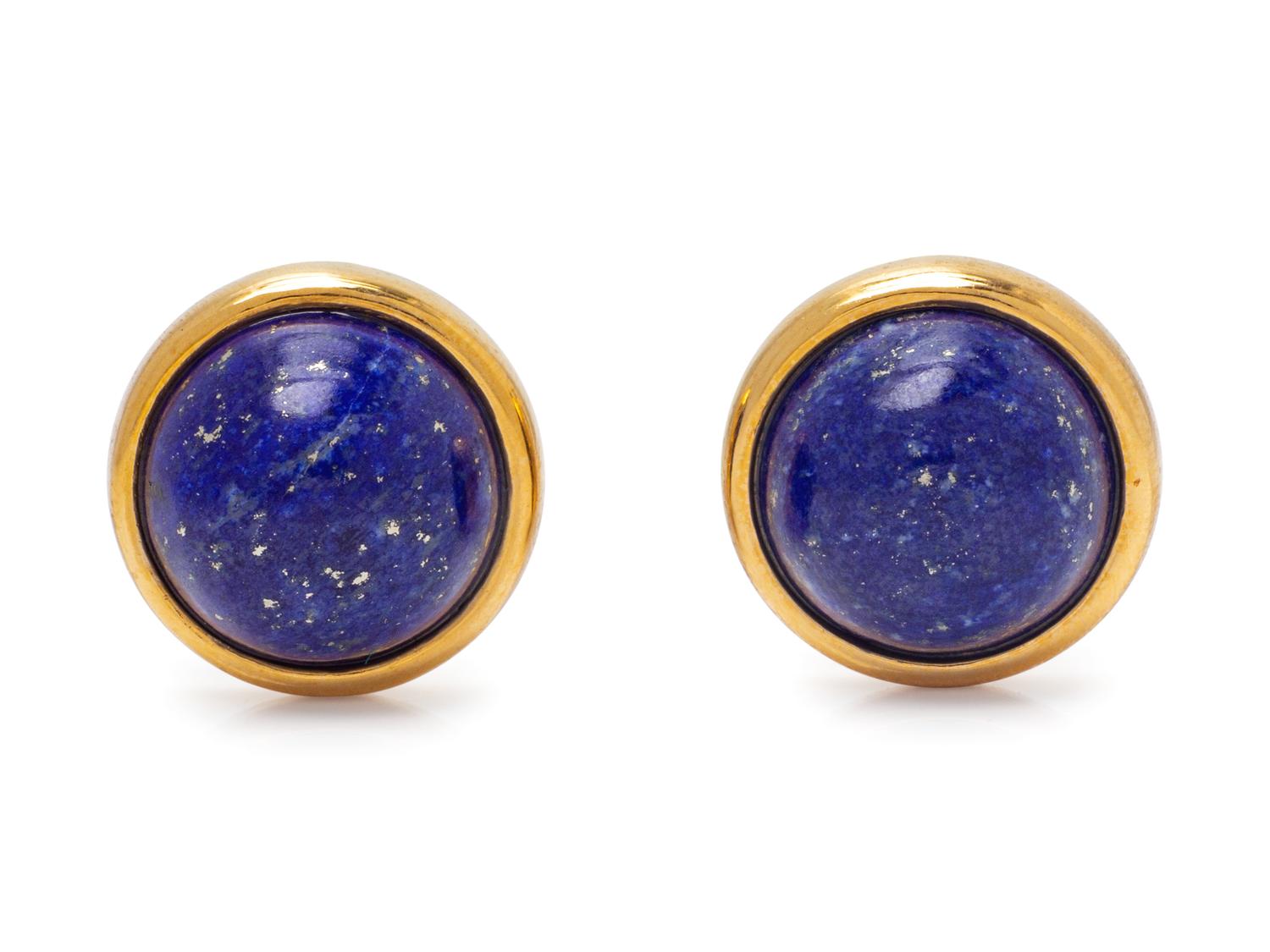 A Pair of 18 Karat Yellow Gold and Lapis Lazuli Earclips,