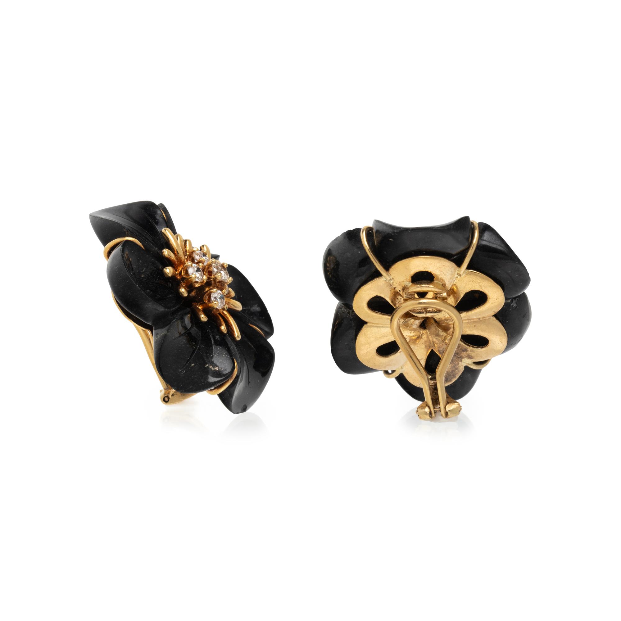 BLACK HARDSTONE AND DIAMOND FLOWER CLIP EARRINGS