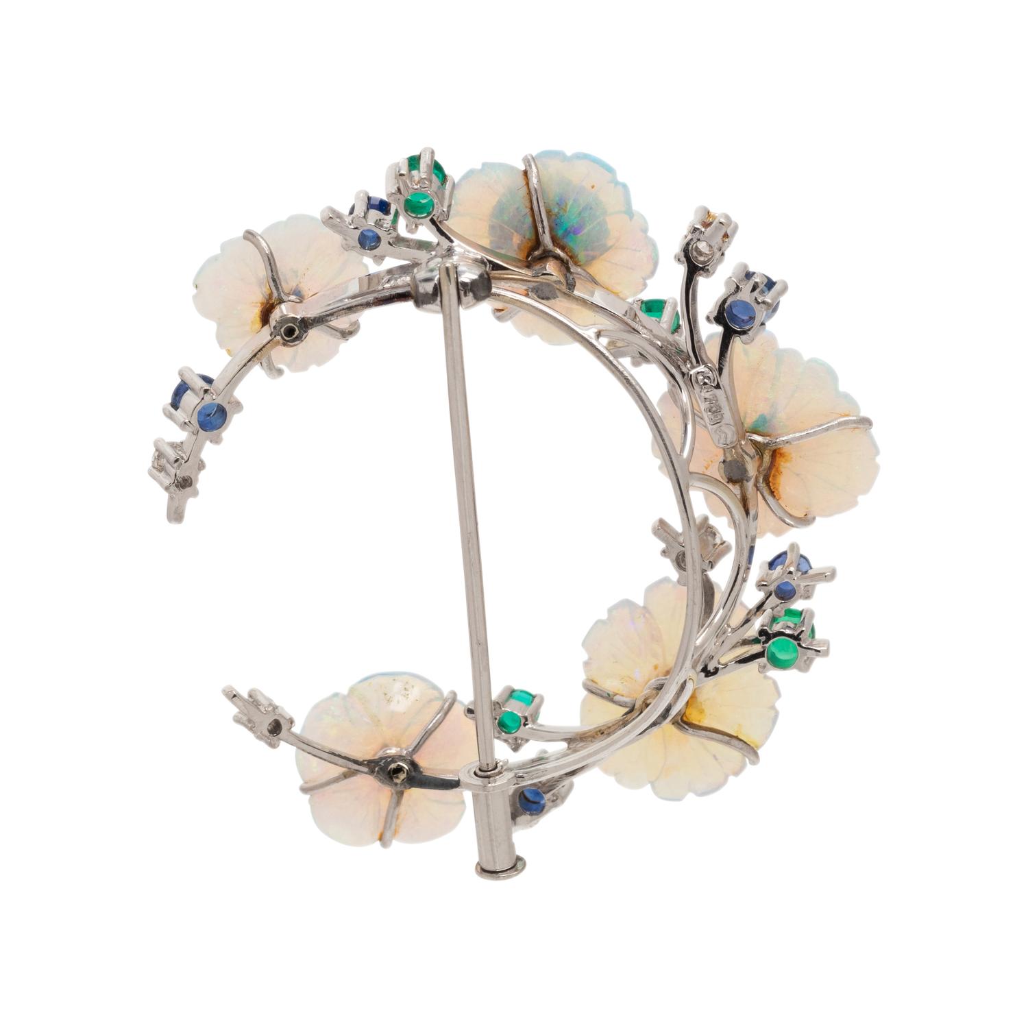 CARVED OPAL, SAPPHIRE, EMERALD AND DIAMOND CRESCENT BROOCH