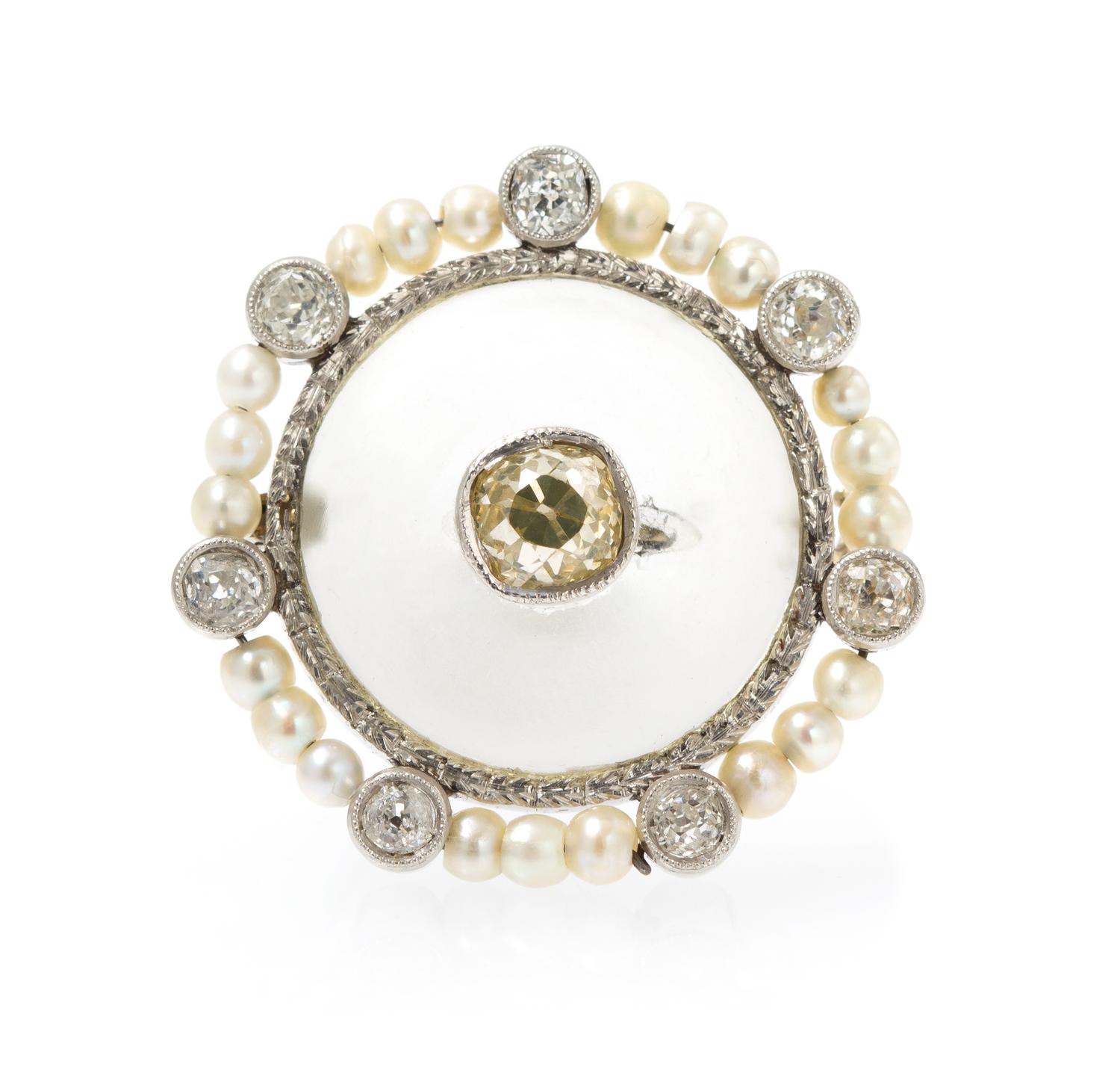 An Art Deco Rock Crystal, Diamond, and Seed Pearl Pin, 4.90 dwts.