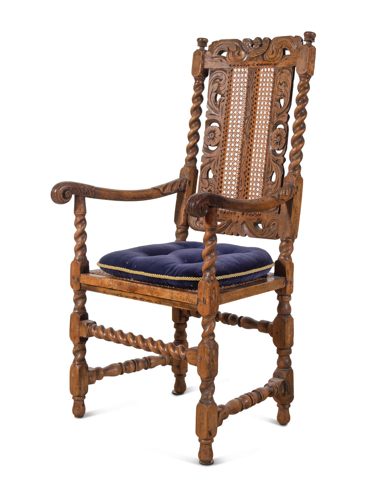 An Assembled Set of Eight English Baroque Walnut Cane-Upholstered Dining Chairs