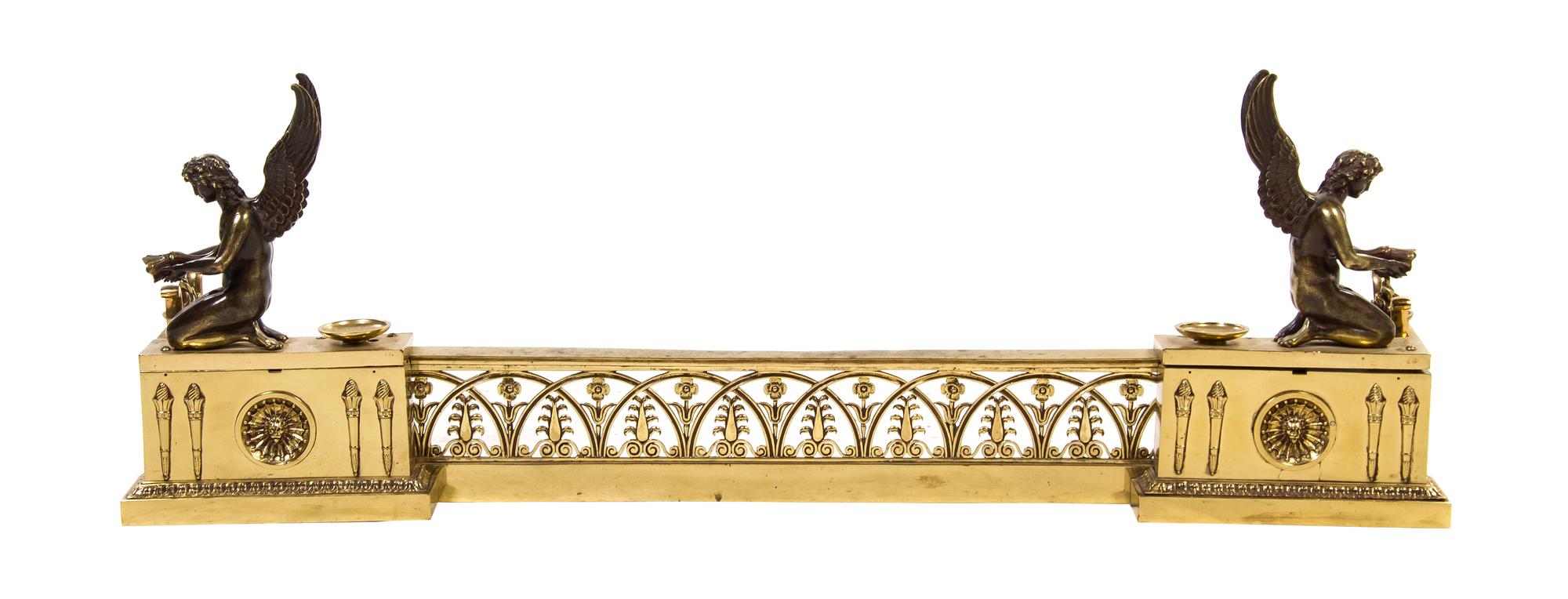 An Empire Style Polished Brass and Bronze Fire Guard, Width 40 inches.