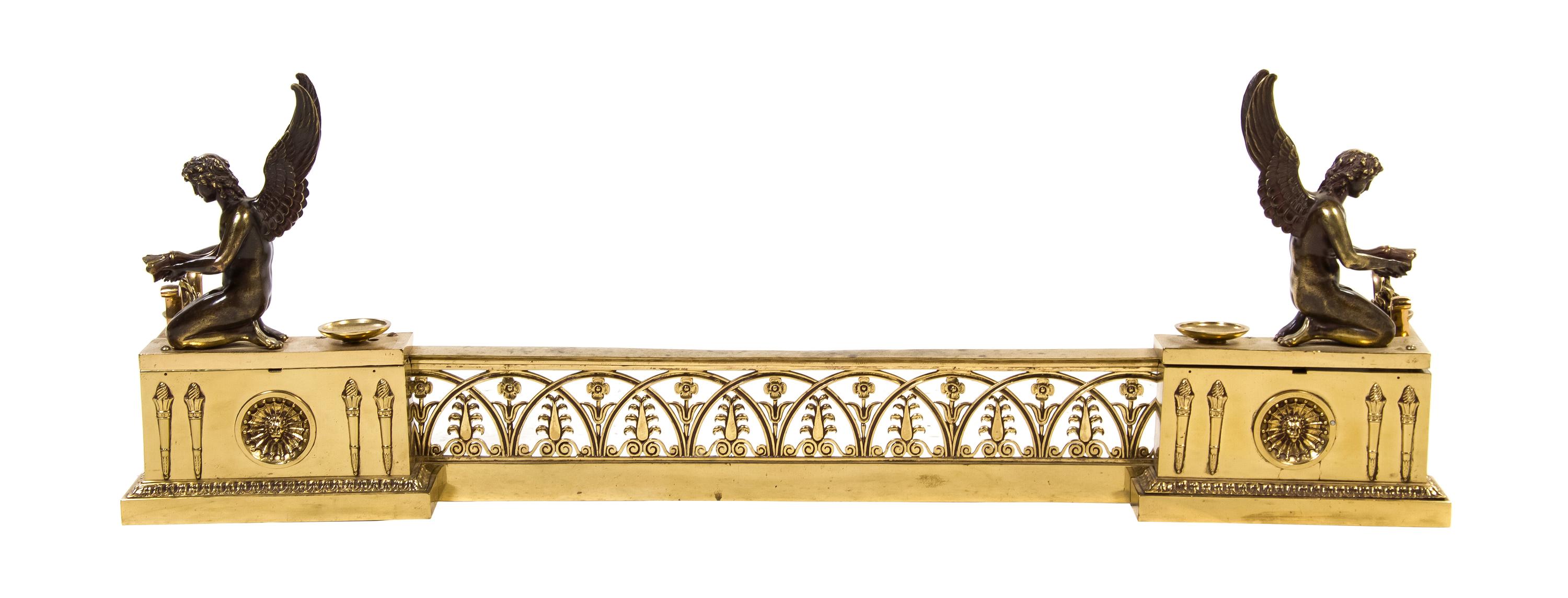 An Empire Style Polished Brass and Bronze Fire Guard, Width 40 inches.