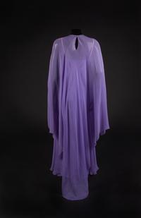 Dress and Cape, 1977. Designed by Edith Head, made by Western Costume Company in Los Angeles — Worn by Olivia de Havilland for the American Film Institute tribute to Bette Davis in 1977.