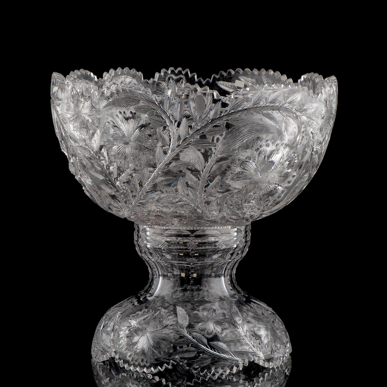 A W. C. Anderson Brilliant-Period Cut Glass Punch Bowl and Stand with Flowers