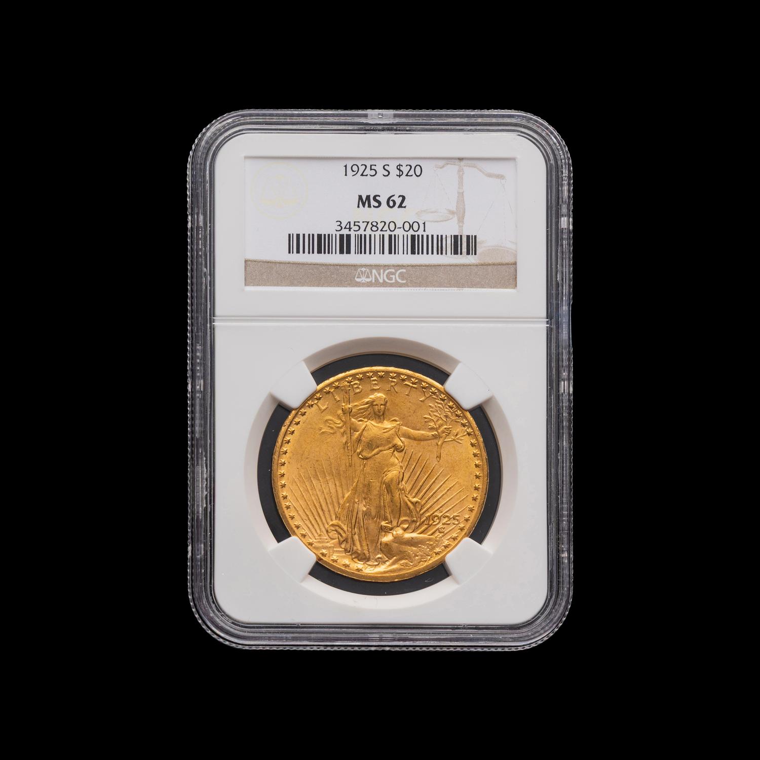 A 1925-S Saint Gaudens $20 Gold Coin [NGC MS62]