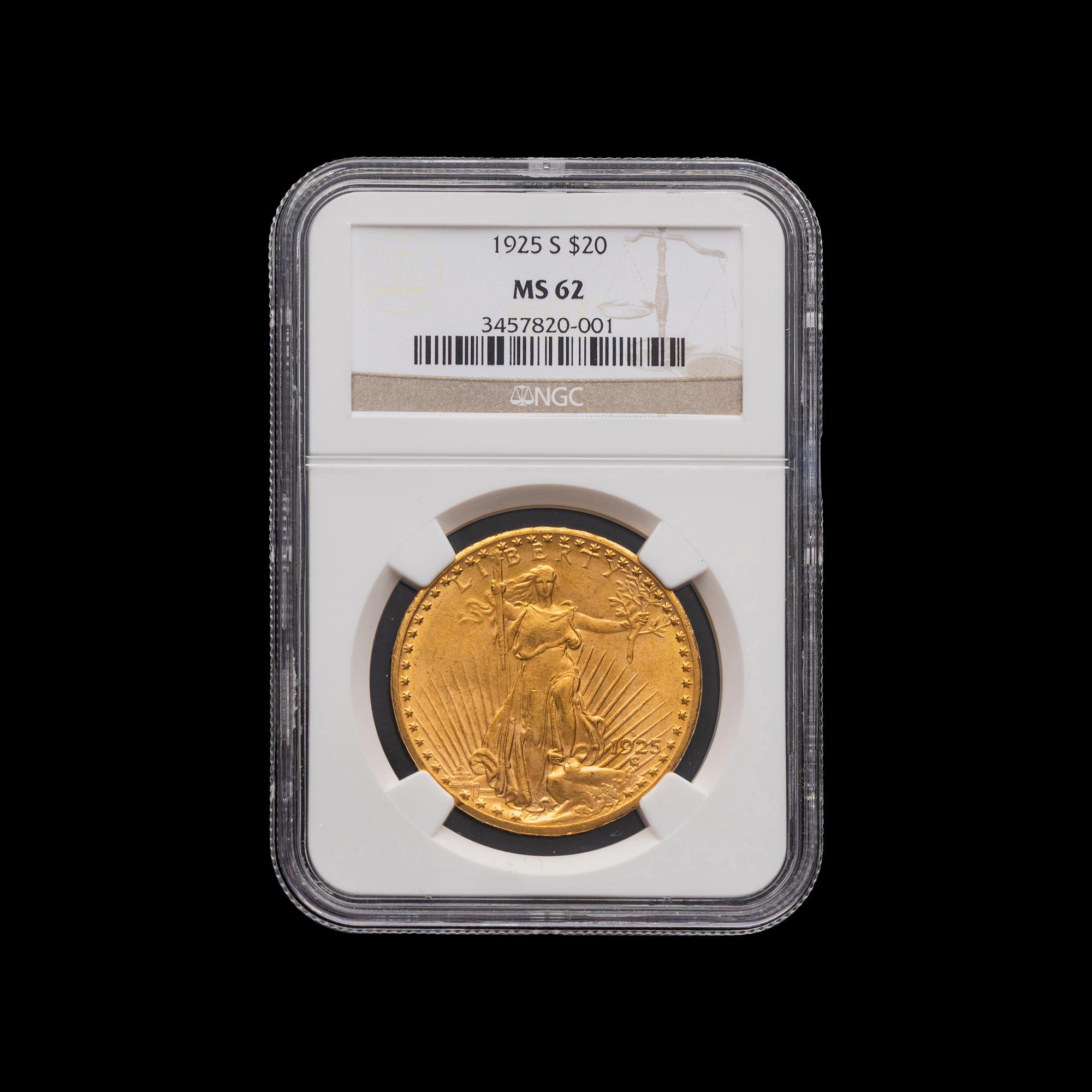 A 1925-S Saint Gaudens $20 Gold Coin [NGC MS62]