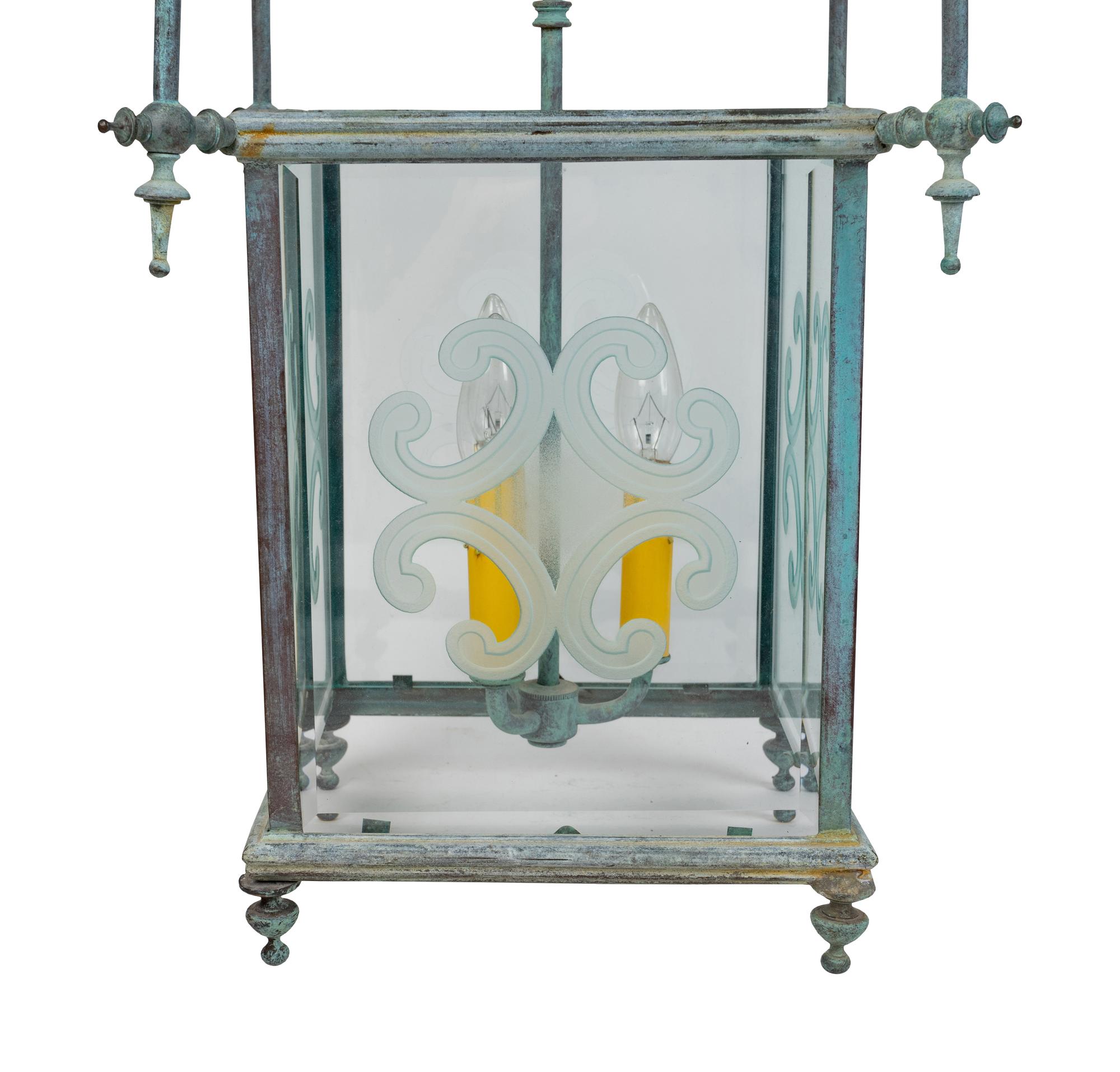 A Copper Patina and Etched Glass Three-Light Hanging Lantern — 20TH CENTURY