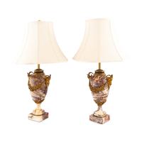 A Pair of French Marble and Gilt Bronze Mounted Urns Converted to Lamps