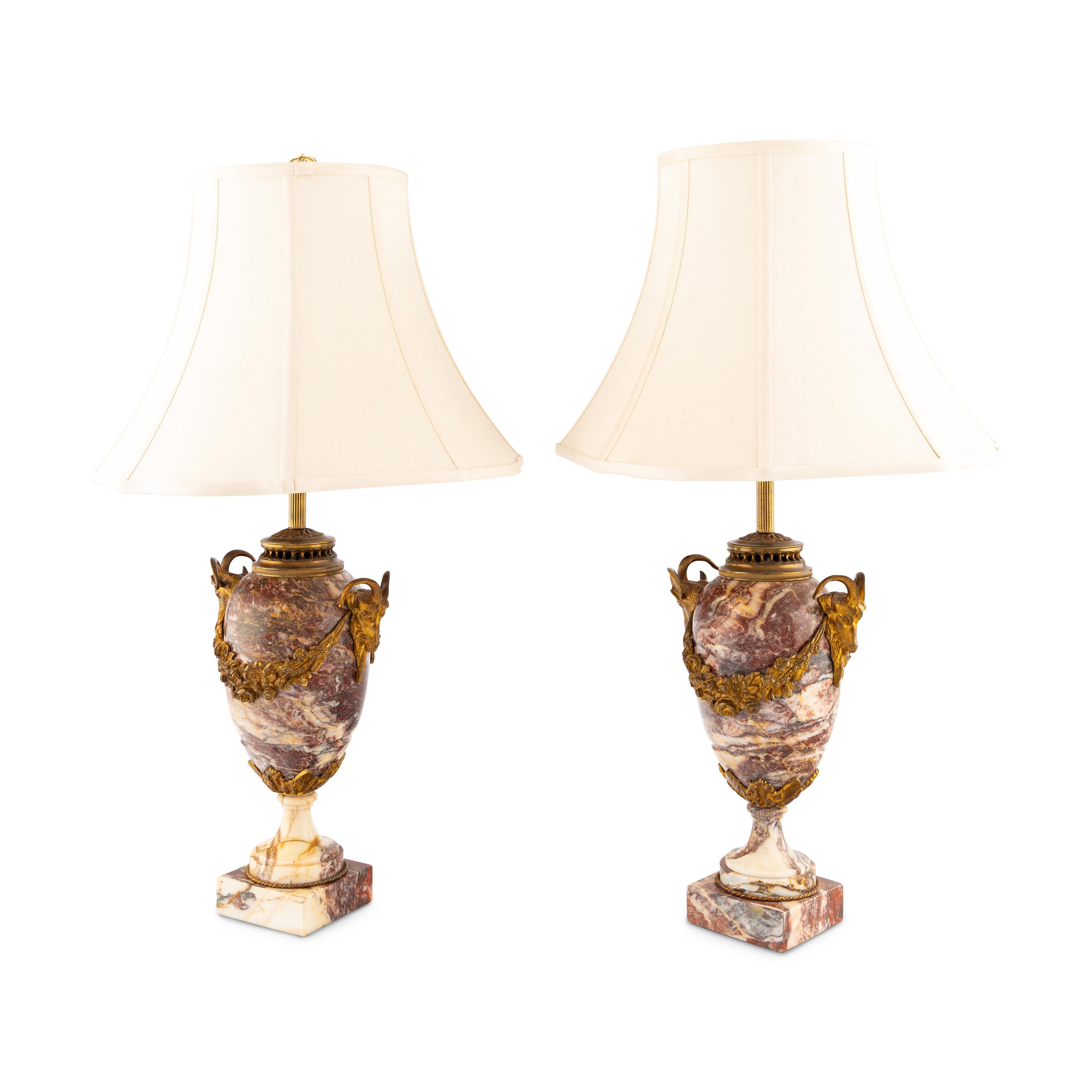 A Pair of French Marble and Gilt Bronze Mounted Urns Converted to Lamps