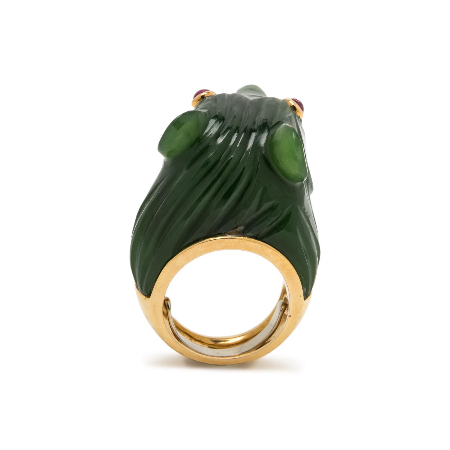 DAVID WEBB, JADEITE AND RUBY PANTHER RING