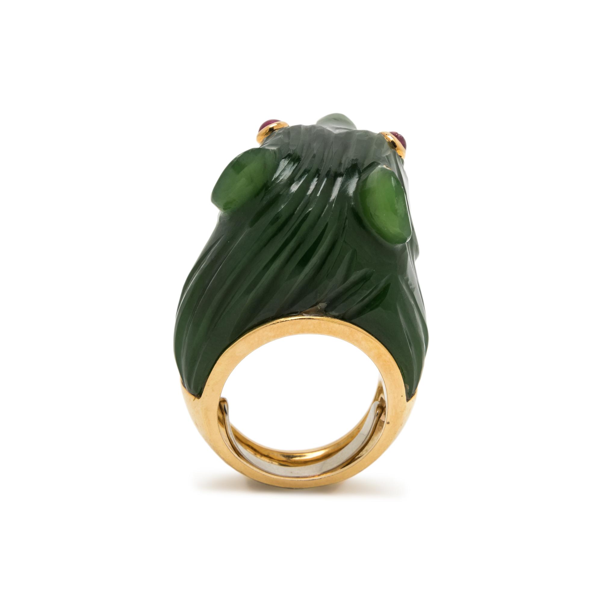 DAVID WEBB, JADEITE AND RUBY PANTHER RING