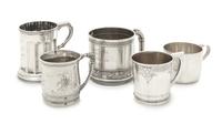 A Collection of Five American Silver Children's Mugs, Various Makers, comprising a Tiffany & Co., New York, NY example; a Gorham Mfg. C