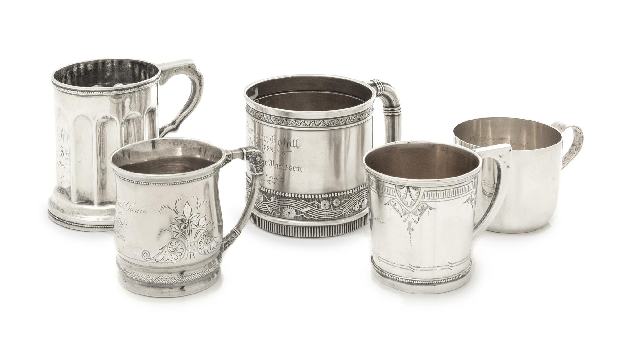 A Collection of Five American Silver Children's Mugs, Various Makers, comprising a Tiffany & Co., New York, NY example; a Gorham Mfg. C
