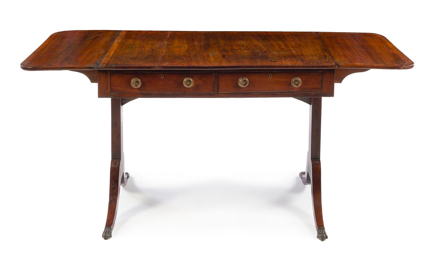 A Regency Style Mahogany Sofa Table Height 27 1/2 x width 58 1/2 x depth 25 inches. — 19TH CENTURY
