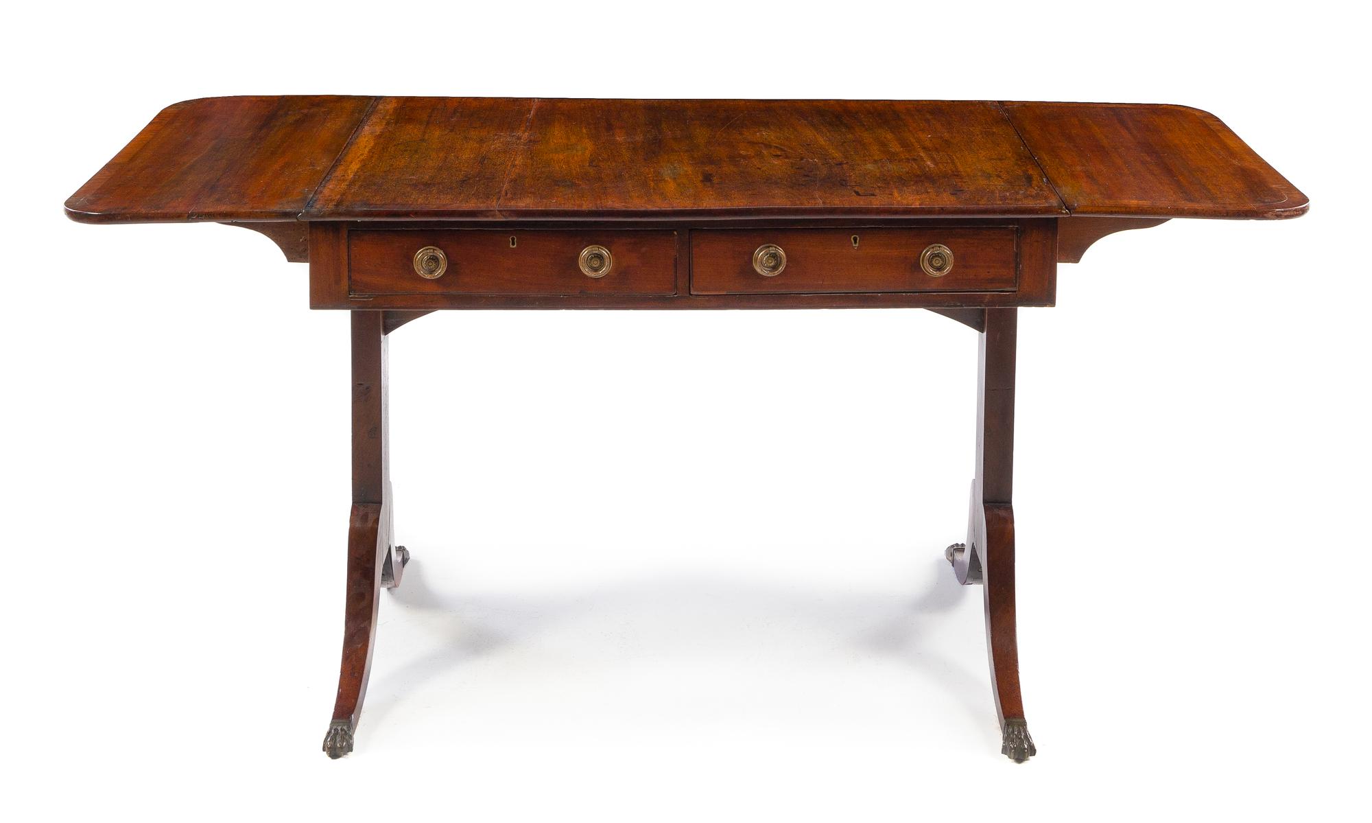 A Regency Style Mahogany Sofa Table Height 27 1/2 x width 58 1/2 x depth 25 inches. — 19TH CENTURY