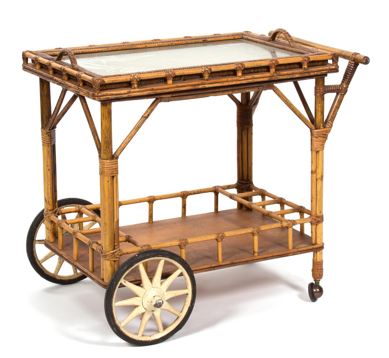 A Bamboo and Glass Bar Cart Height 28 x width 33 x depth 19 inches. — 20TH CENTURY