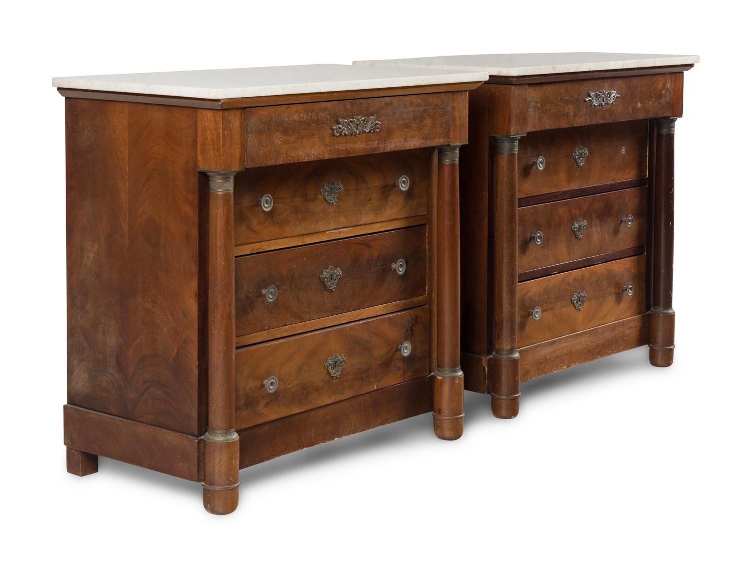 A Pair of Empire Style Mahogany Marble-Top Commodes