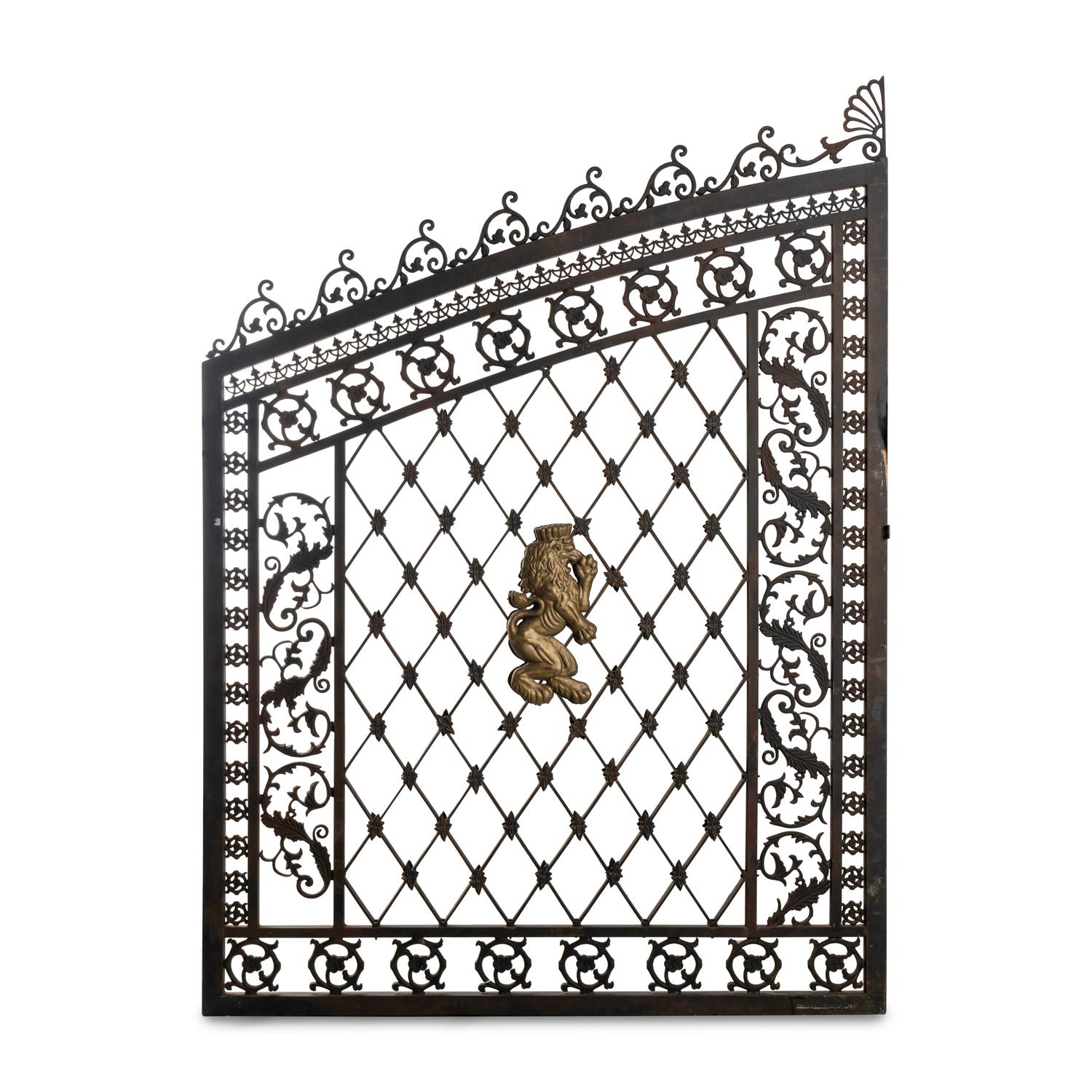 A Pair of Parcel Gilt Iron and Metal Lion-Decorated Gates