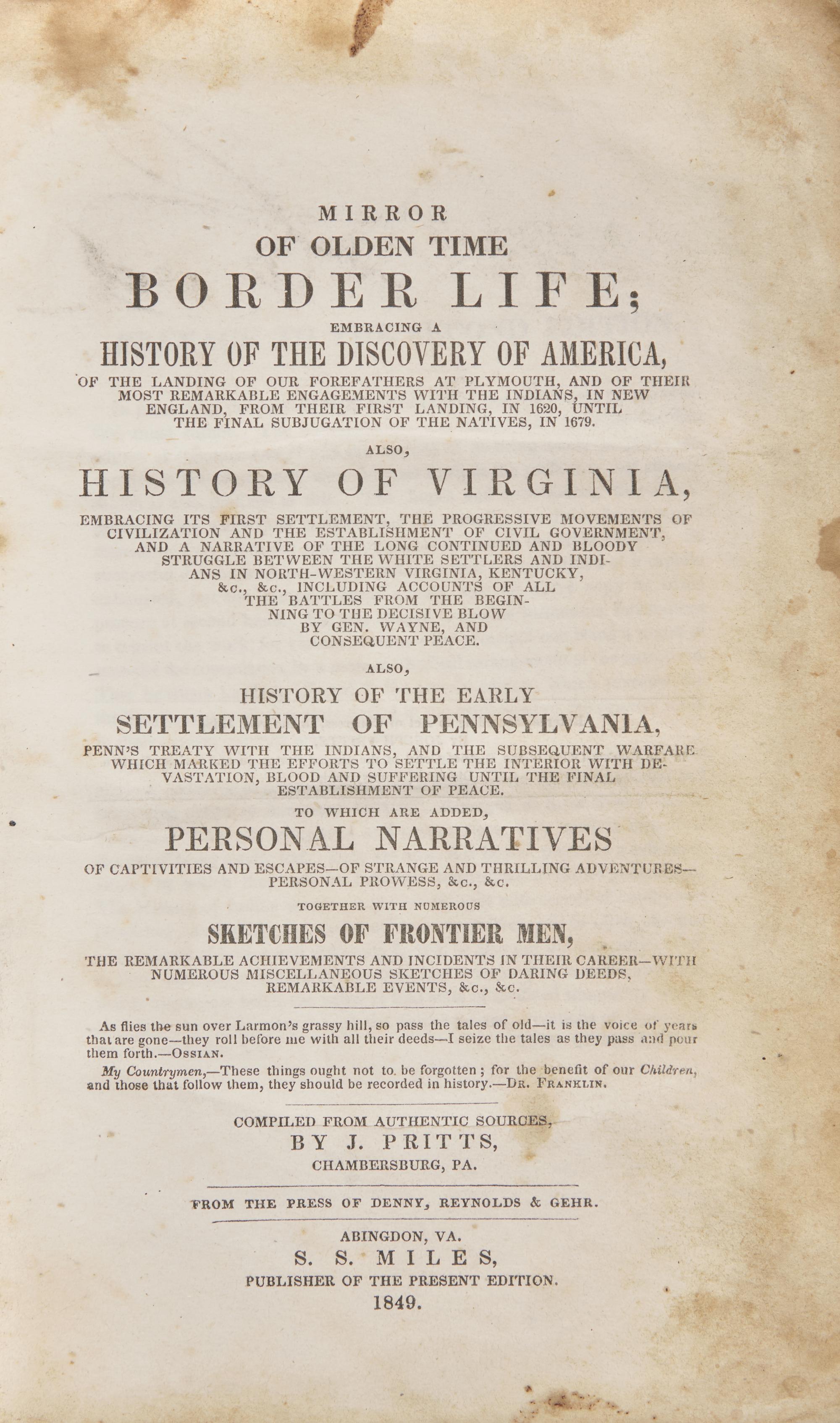 [Americana] Pritts, J. Incidents of Border Life, Illustrative of the Times and Condition of the First Settlements in Parts of the Middle and Western States...