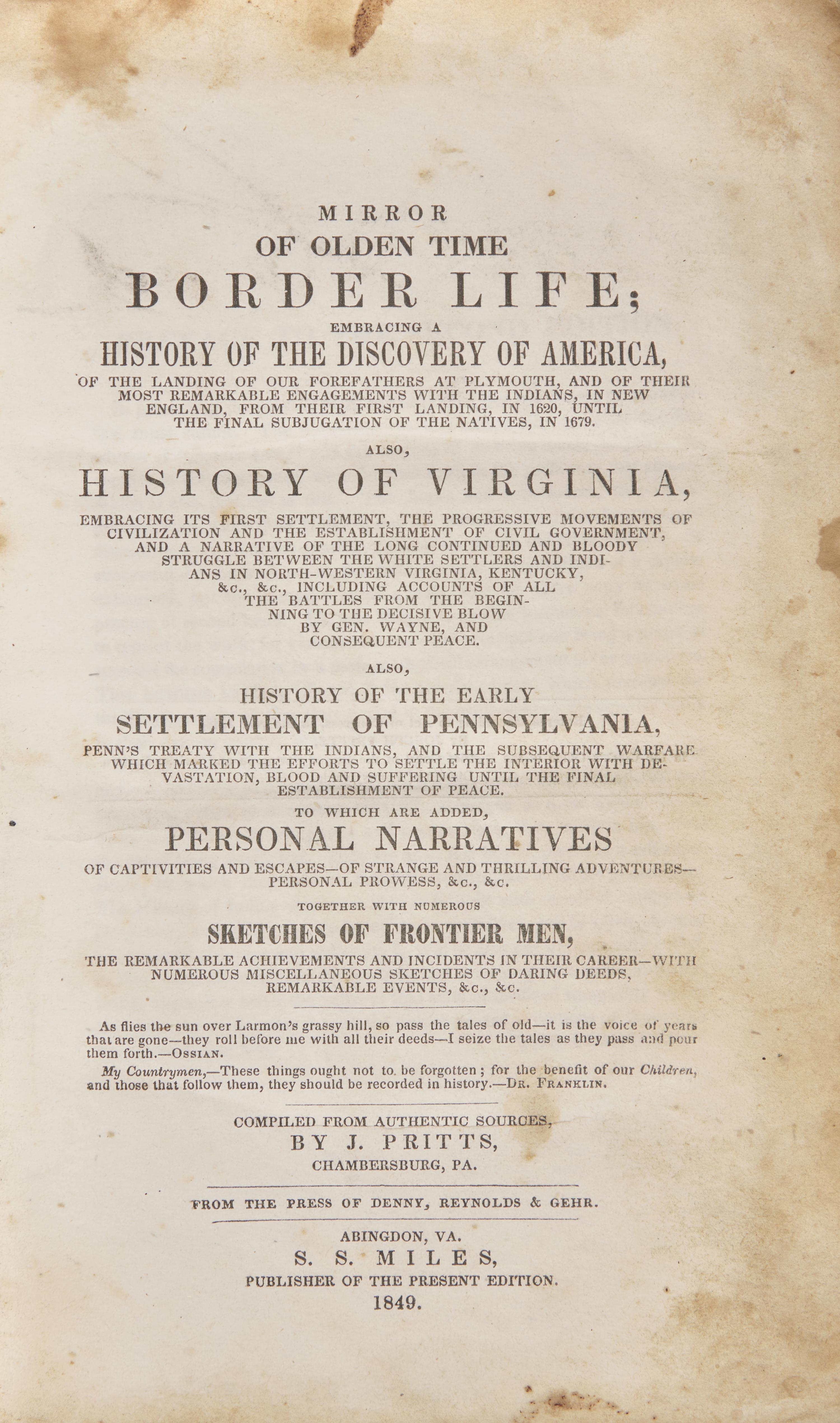[Americana] Pritts, J. Incidents of Border Life, Illustrative of the Times and Condition of the First Settlements in Parts of the Middle and Western States...
