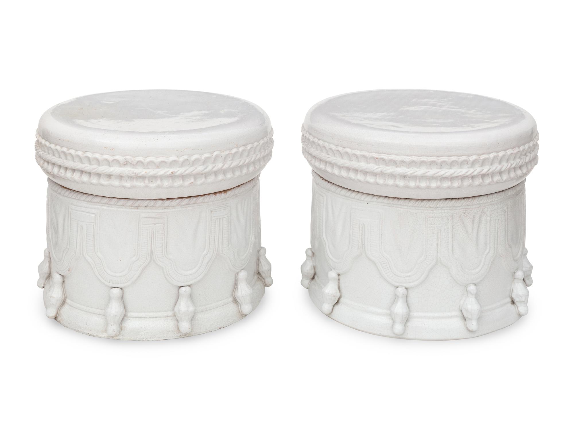 A Pair of Italian White-Glazed Terracotta Two-Piece Garden Seats