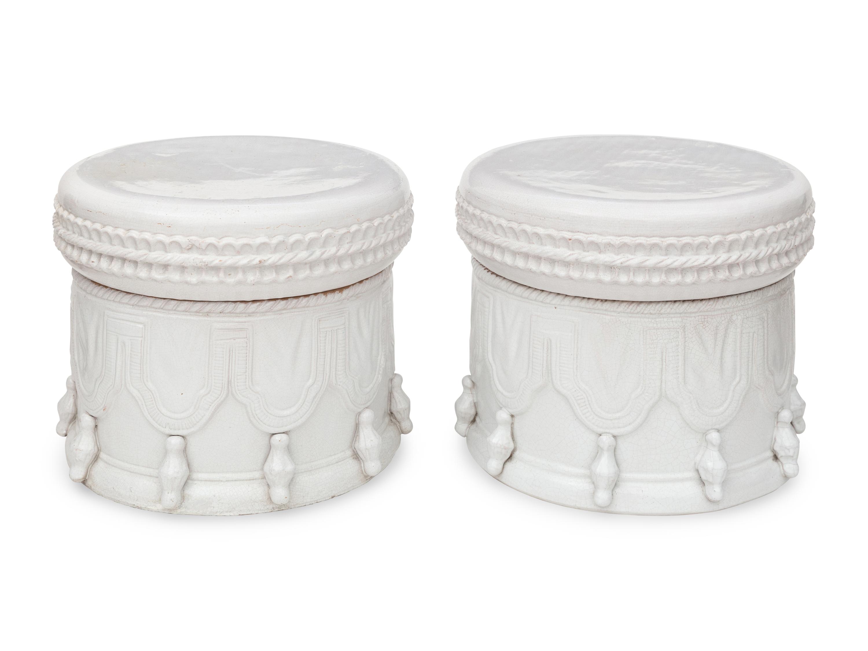 A Pair of Italian White-Glazed Terracotta Two-Piece Garden Seats