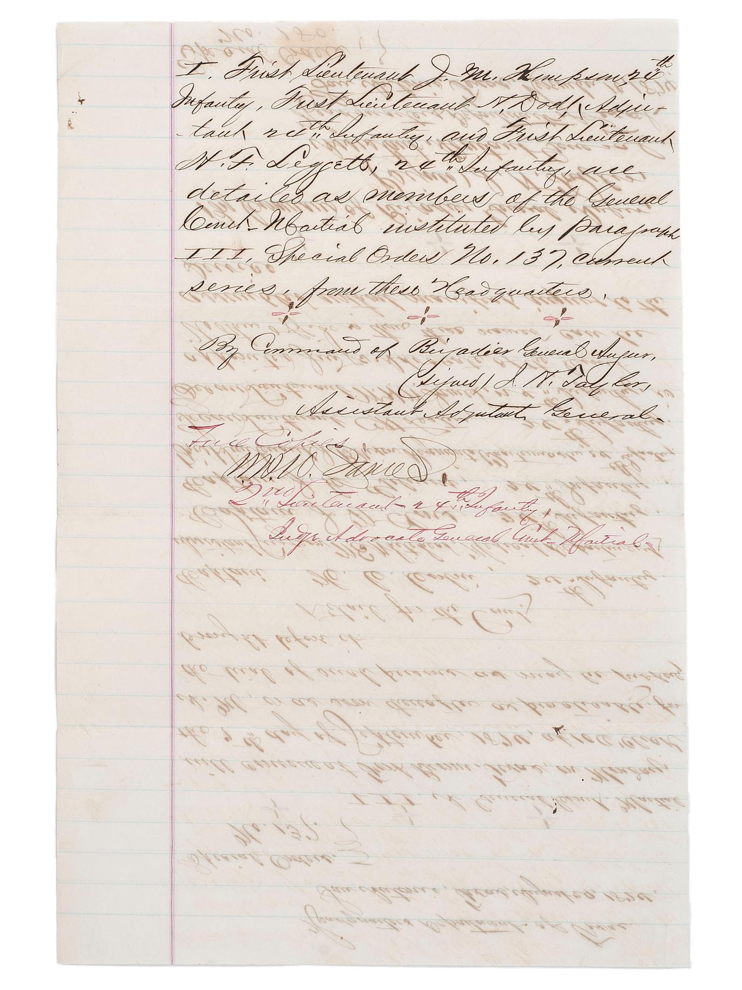 [BUFFALO SOLDIERS]. Special Orders commanding officers of the 24th Infantry to serve as general court martial detail, San Antonio, Texas, 29 August 1874.