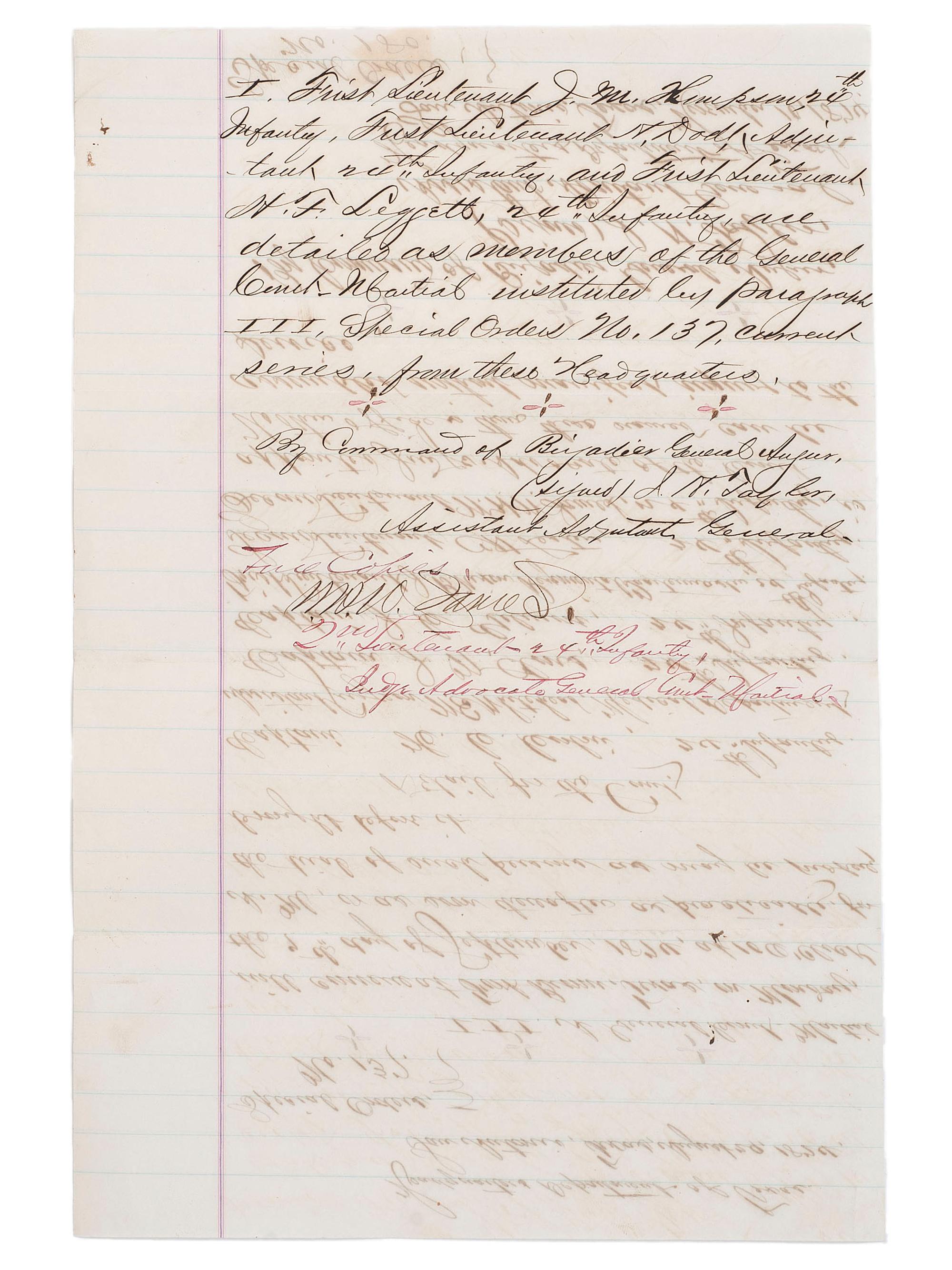 [BUFFALO SOLDIERS]. Special Orders commanding officers of the 24th Infantry to serve as general court martial detail, San Antonio, Texas, 29 August 1874.