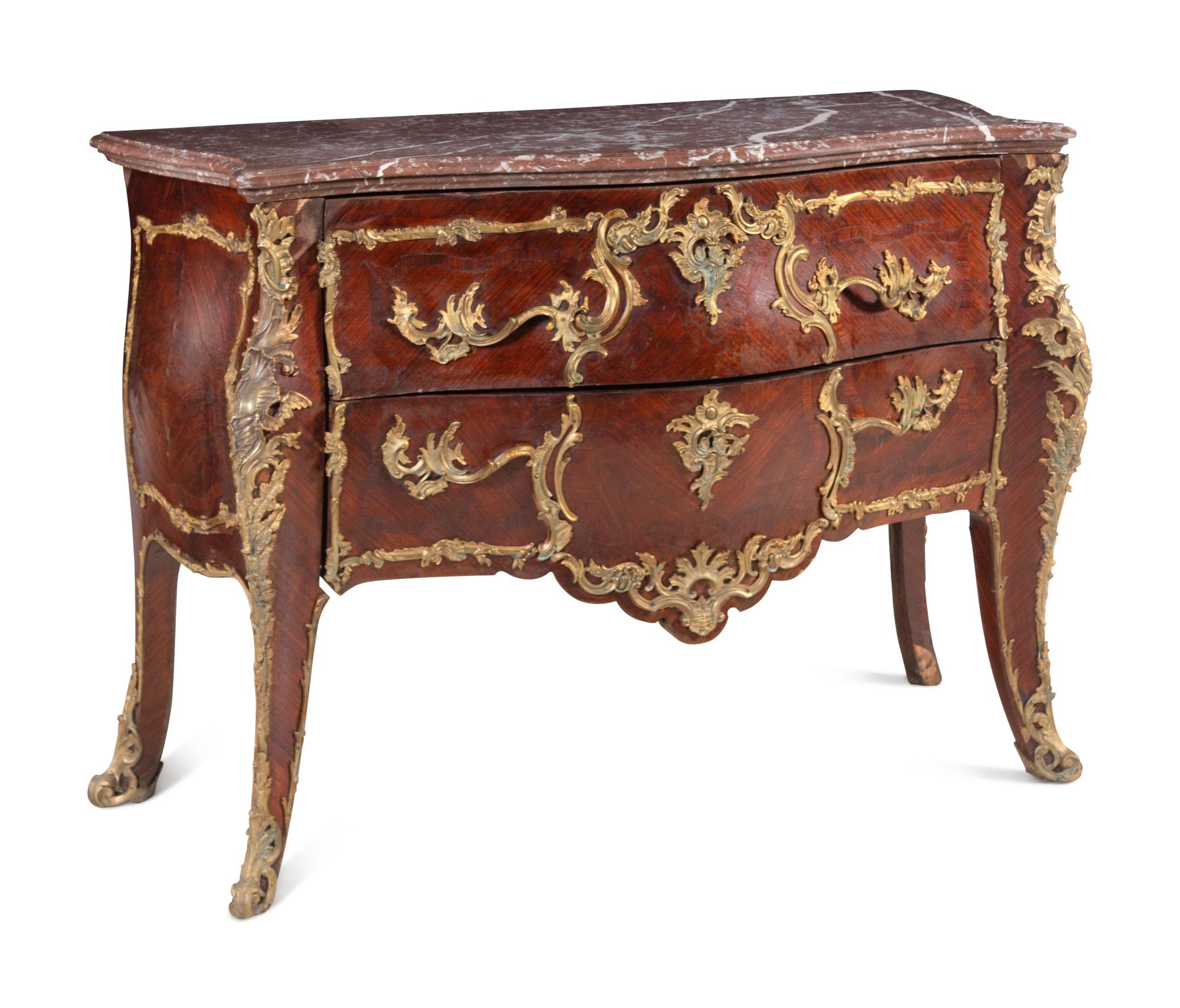 A Louis XV Style Gilt Bronze Mounted Marble-Top Commode