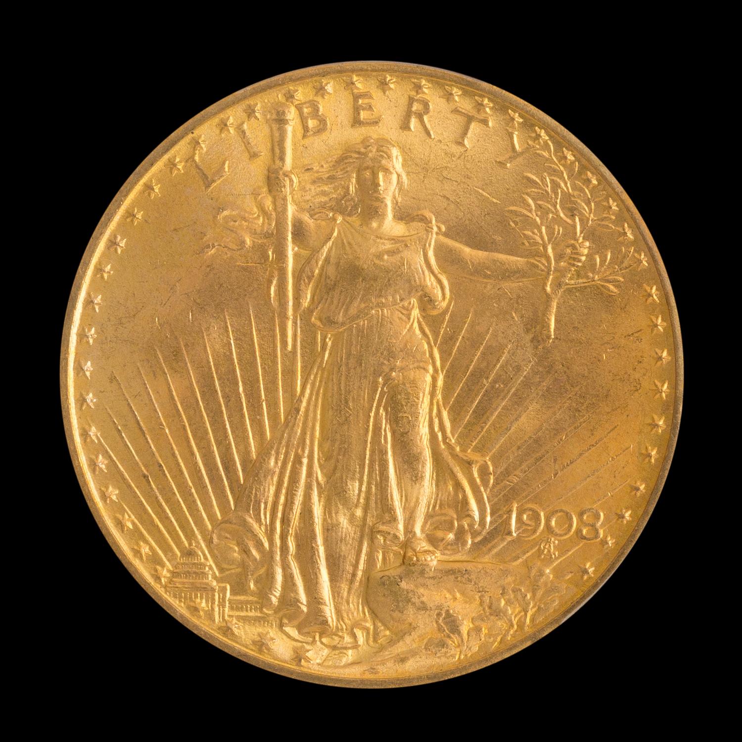 A United States 1908 Saint-Gaudens: No Motto $20 Gold Coin