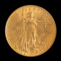 A United States 1908 Saint-Gaudens: No Motto $20 Gold Coin