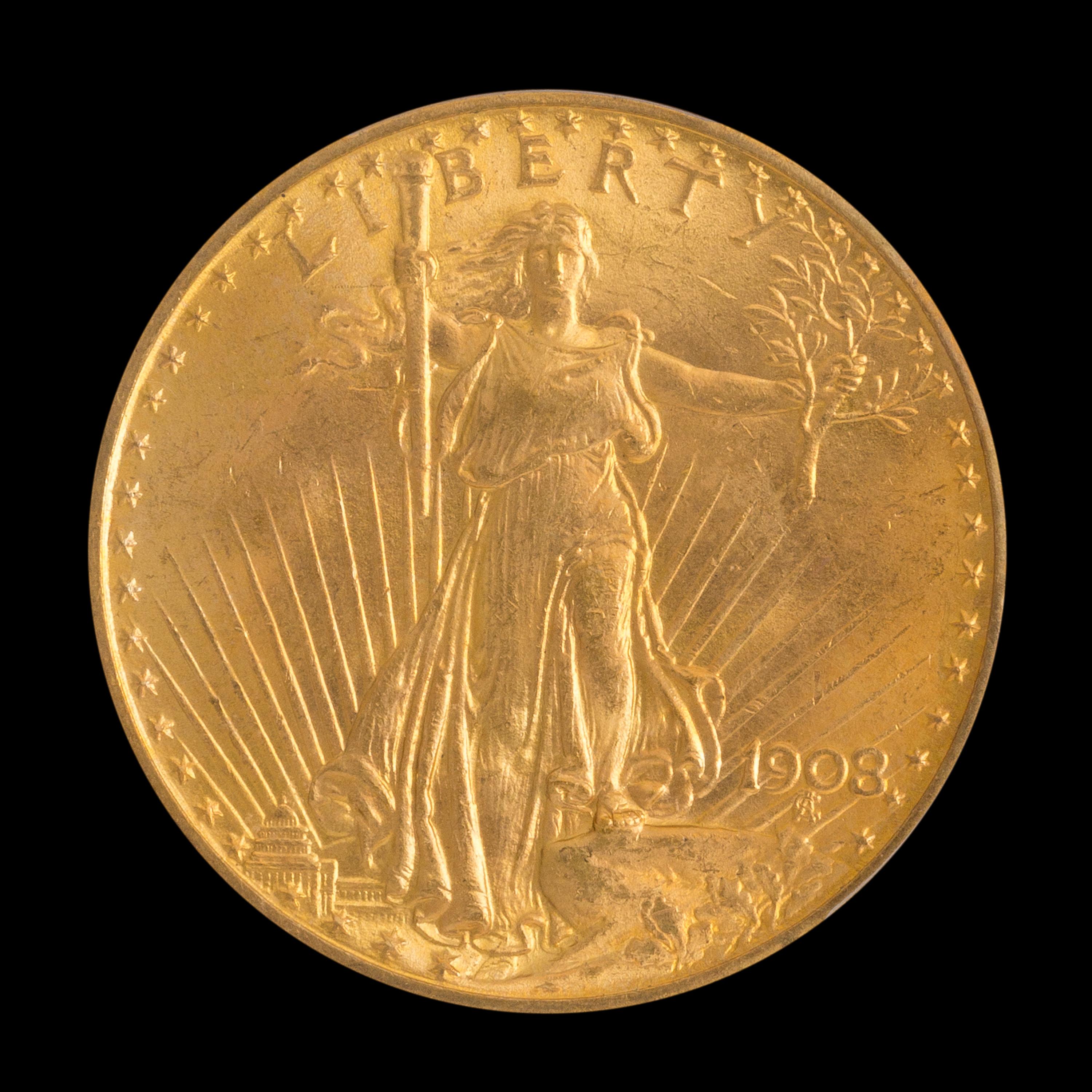 A United States 1908 Saint-Gaudens: No Motto $20 Gold Coin
