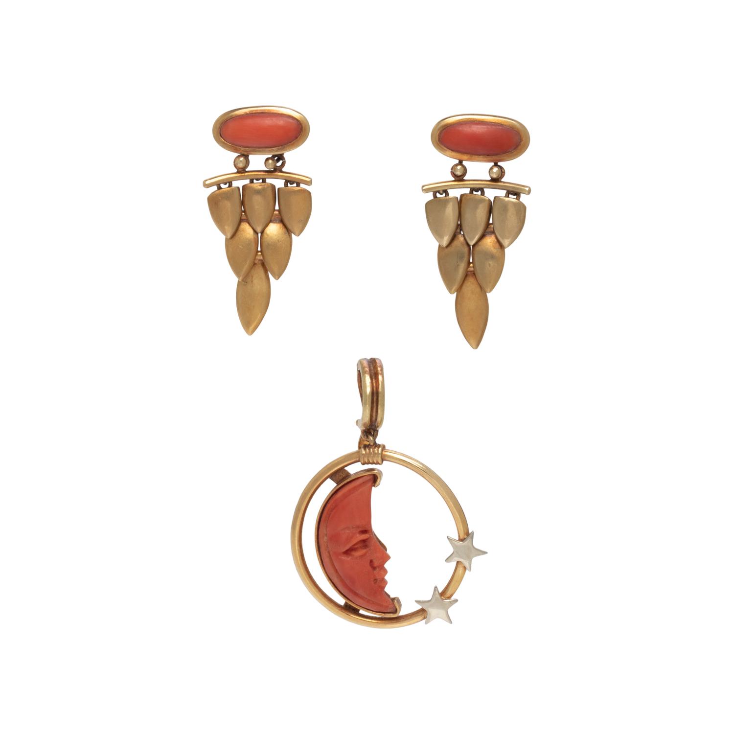 COLLECTION OF YELLOW GOLD AND CORAL JEWELRY