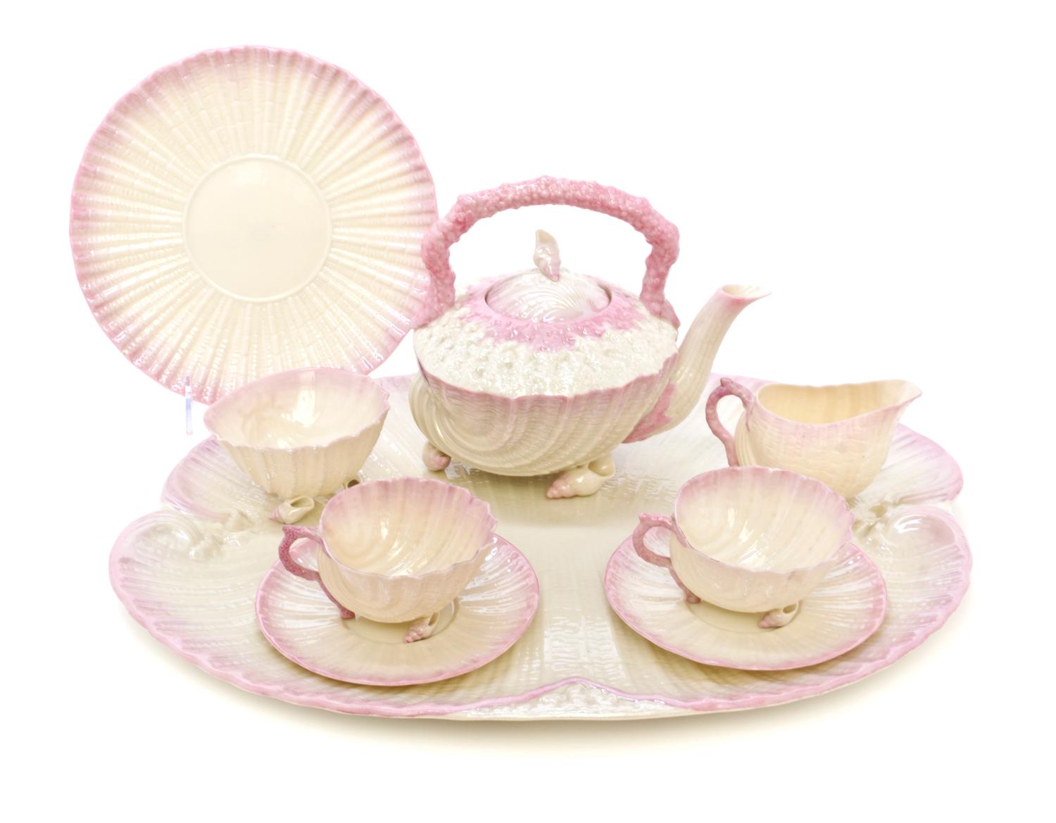 A Belleek Neptune Tea Service, Width of tray 17 inches.