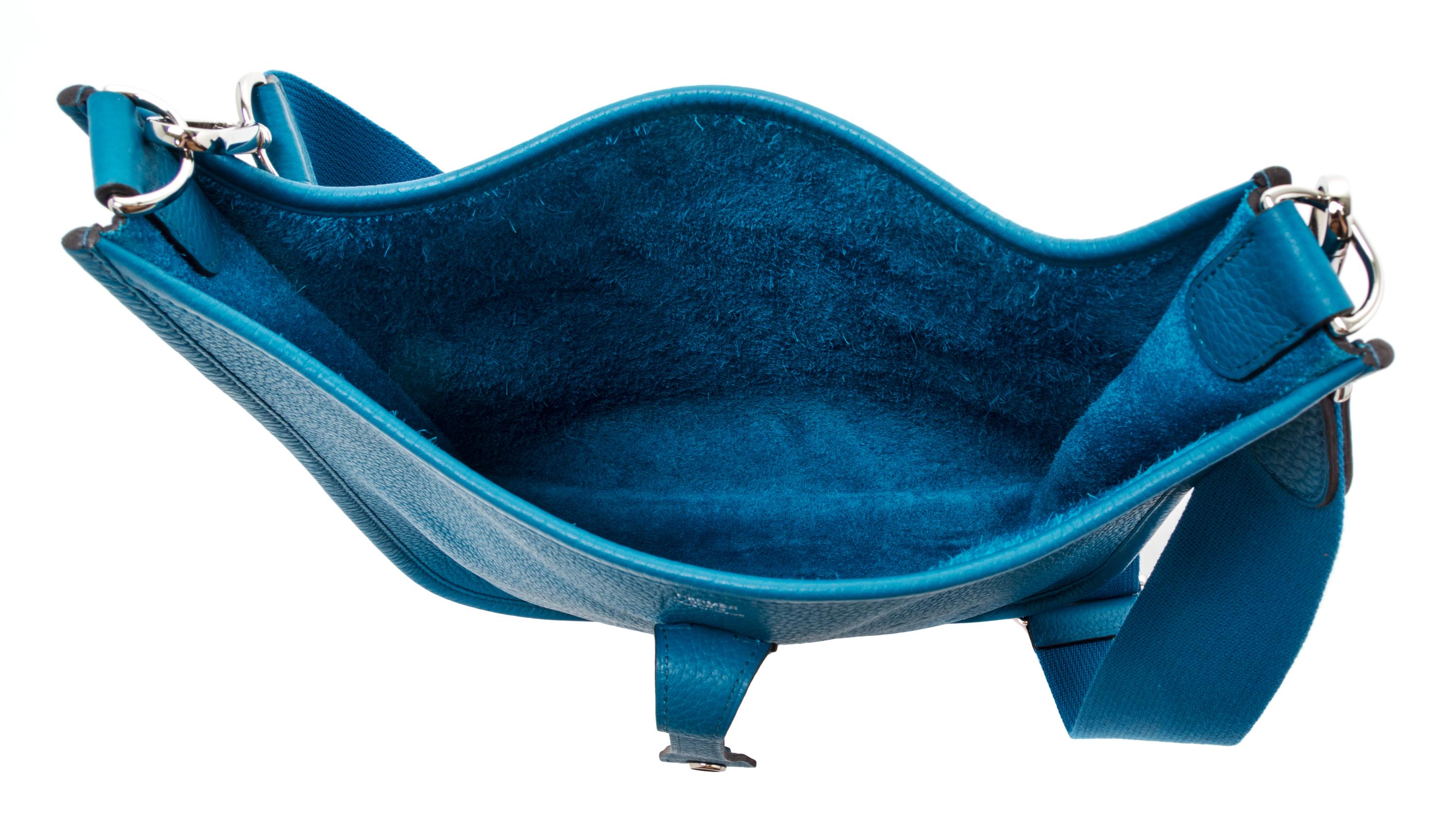 An Hermes Bleu Izmir Taurillon Clemence Evelyne III PM Handbag, 11.25" x 12" x 2.5".