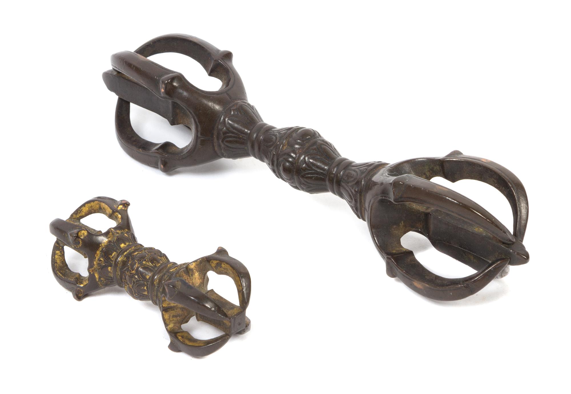 Two Tibetan Bronze Vajras Length of longer 6 inches.