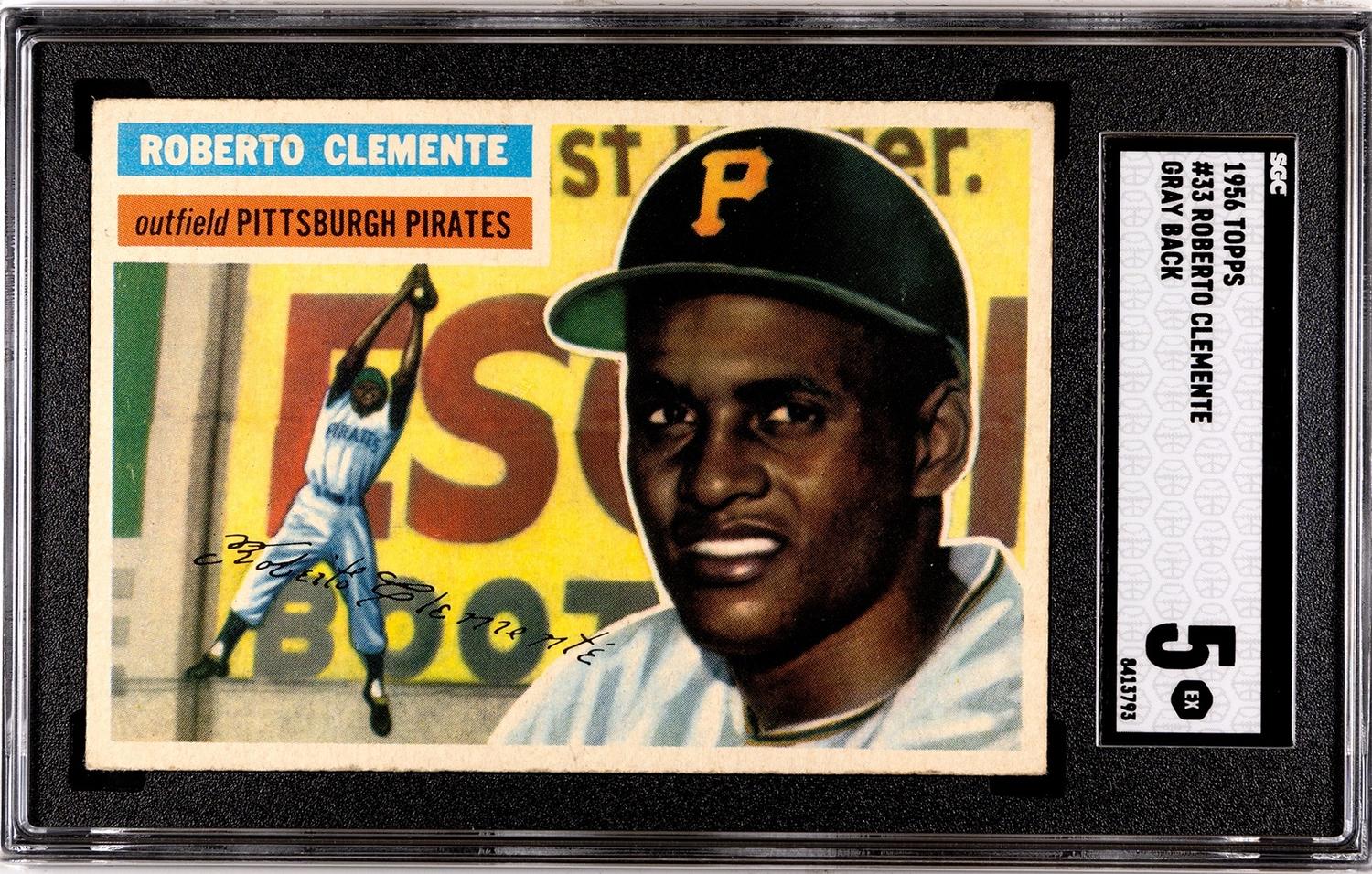A 1956 Topps Roberto Clemente Baseball Card No. 33 Gray Back (SGC 5 EX)