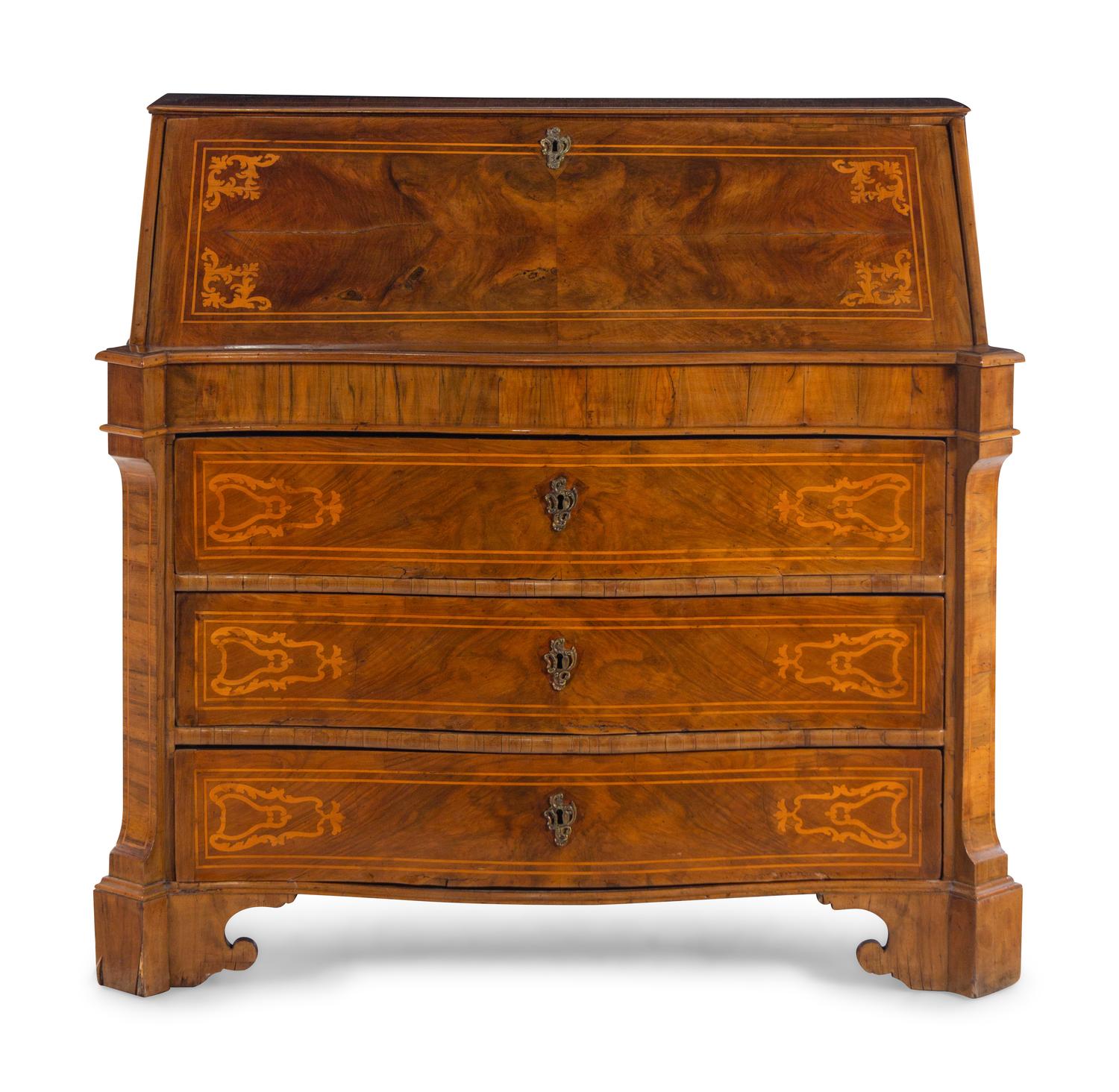 An Italian Marquetry and Burl Walnut Slant-Front Desk