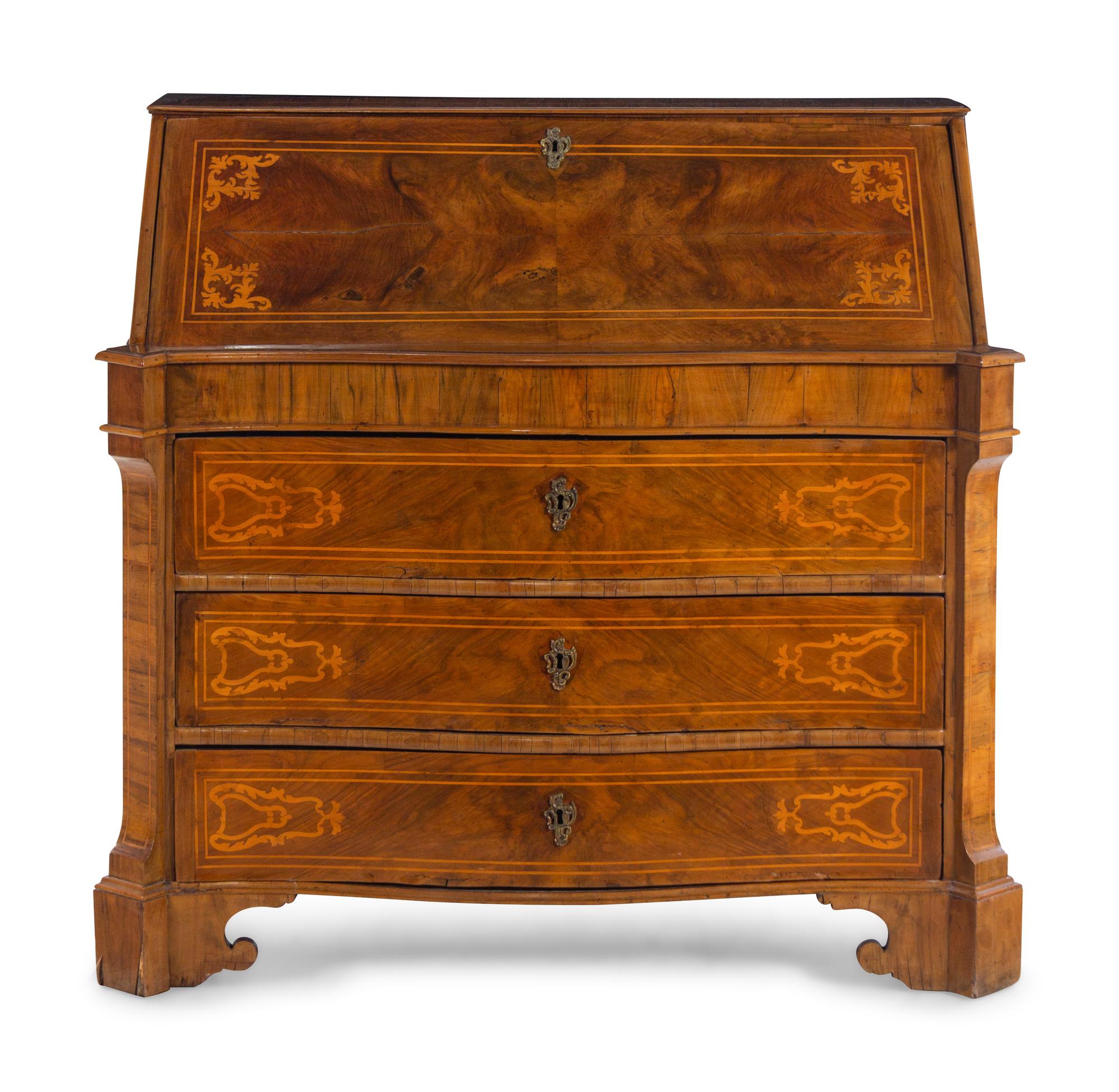 An Italian Marquetry and Burl Walnut Slant-Front Desk