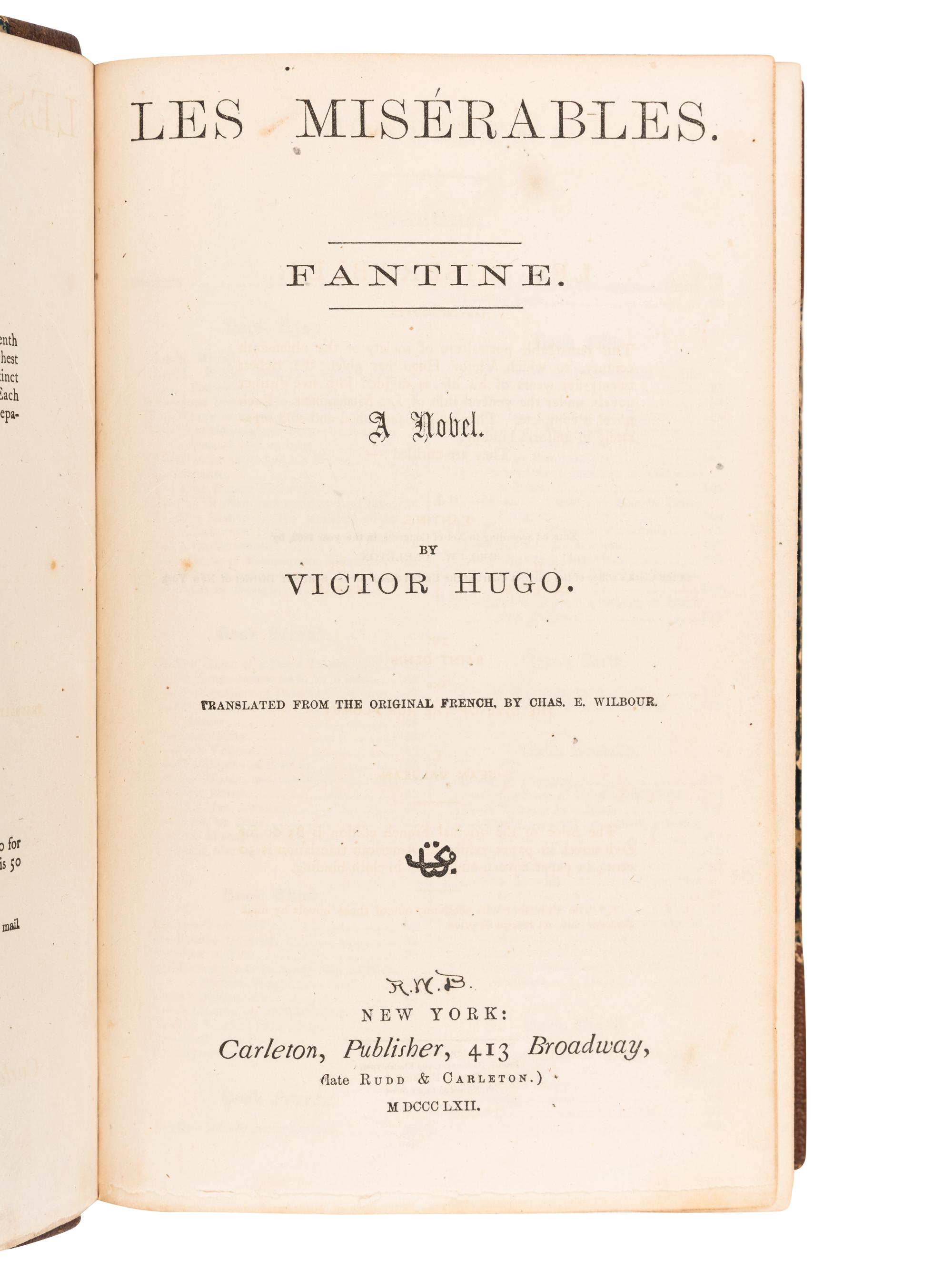 HUGO, Victor (1802-1885). Les Misérables. New York: Carleton, 1862.
