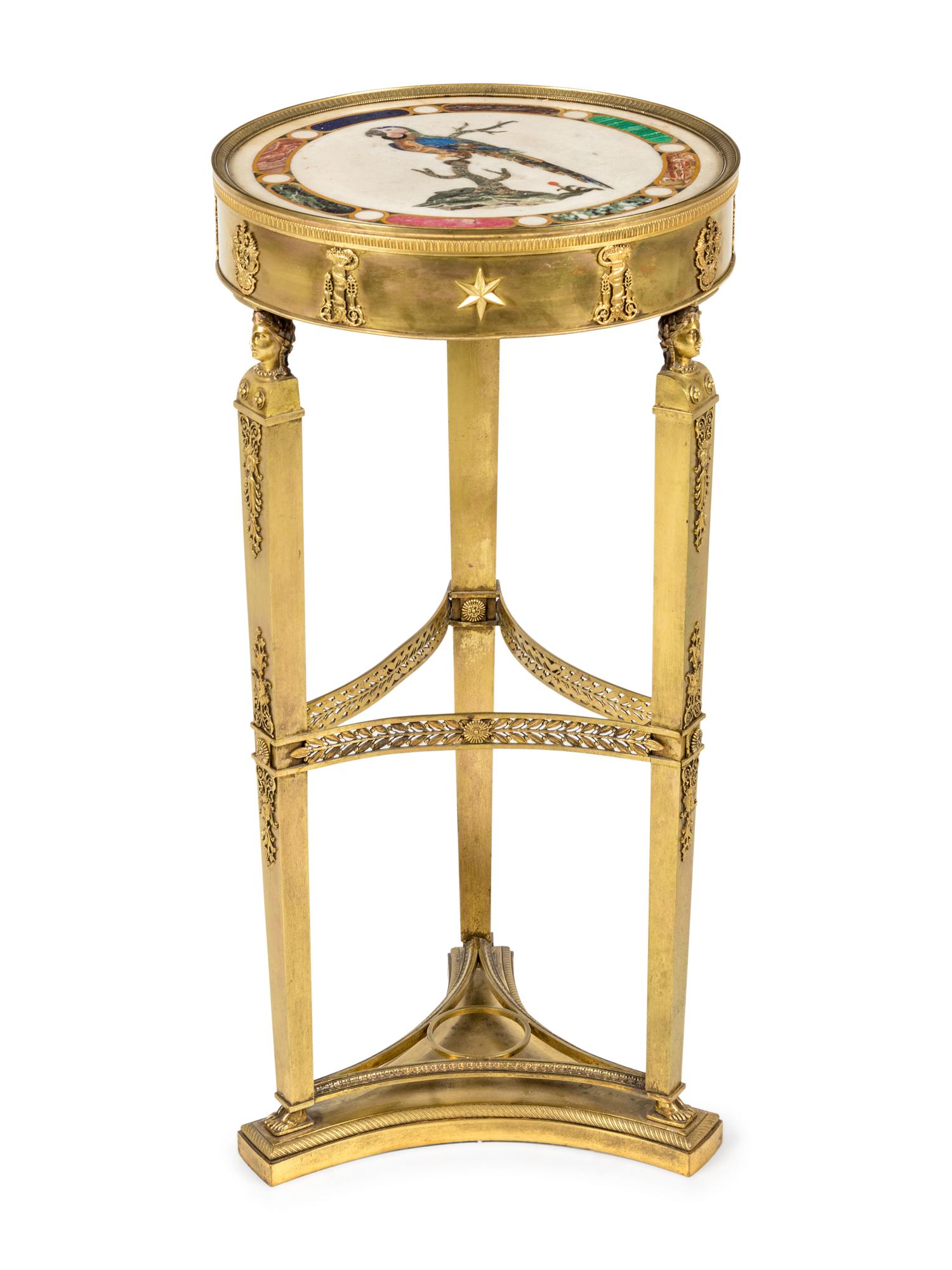 An Italian Neoclassical Gilt Metal and Pietra Dura Inset Table