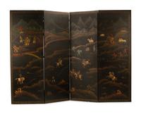 A Continental Chinoiserie Painted Four-Panel Floor Screen