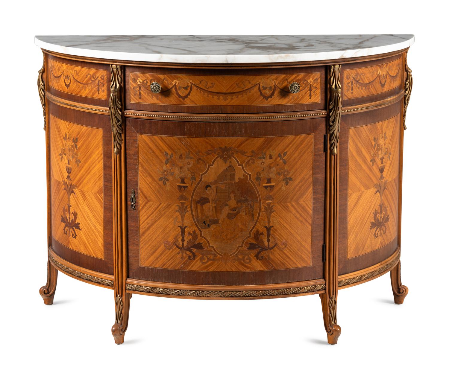 An Adam Style Satinwood and Marquetry Marble-Top Demilune Cabinet