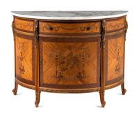 An Adam Style Satinwood and Marquetry Marble-Top Demilune Cabinet