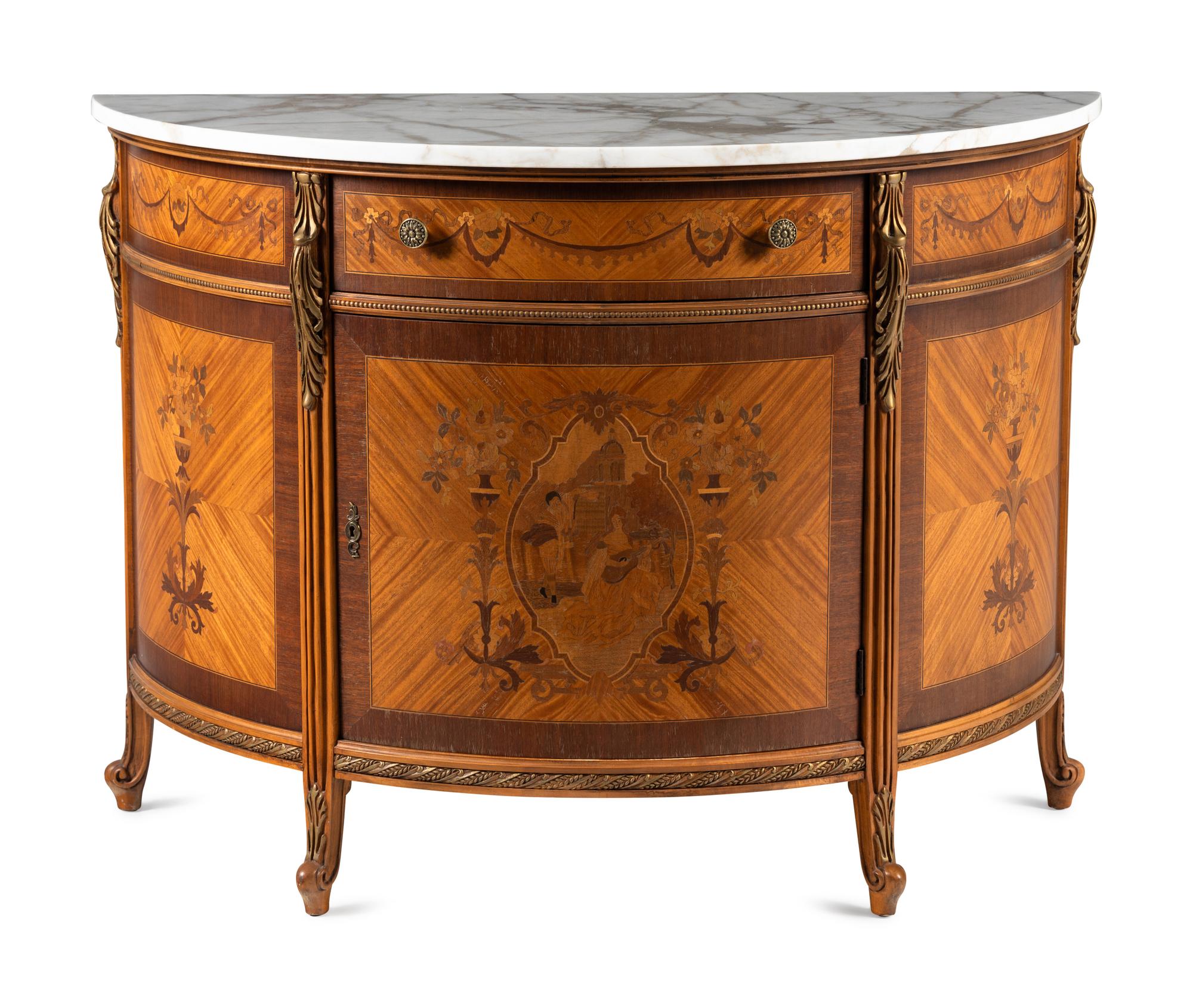 An Adam Style Satinwood and Marquetry Marble-Top Demilune Cabinet