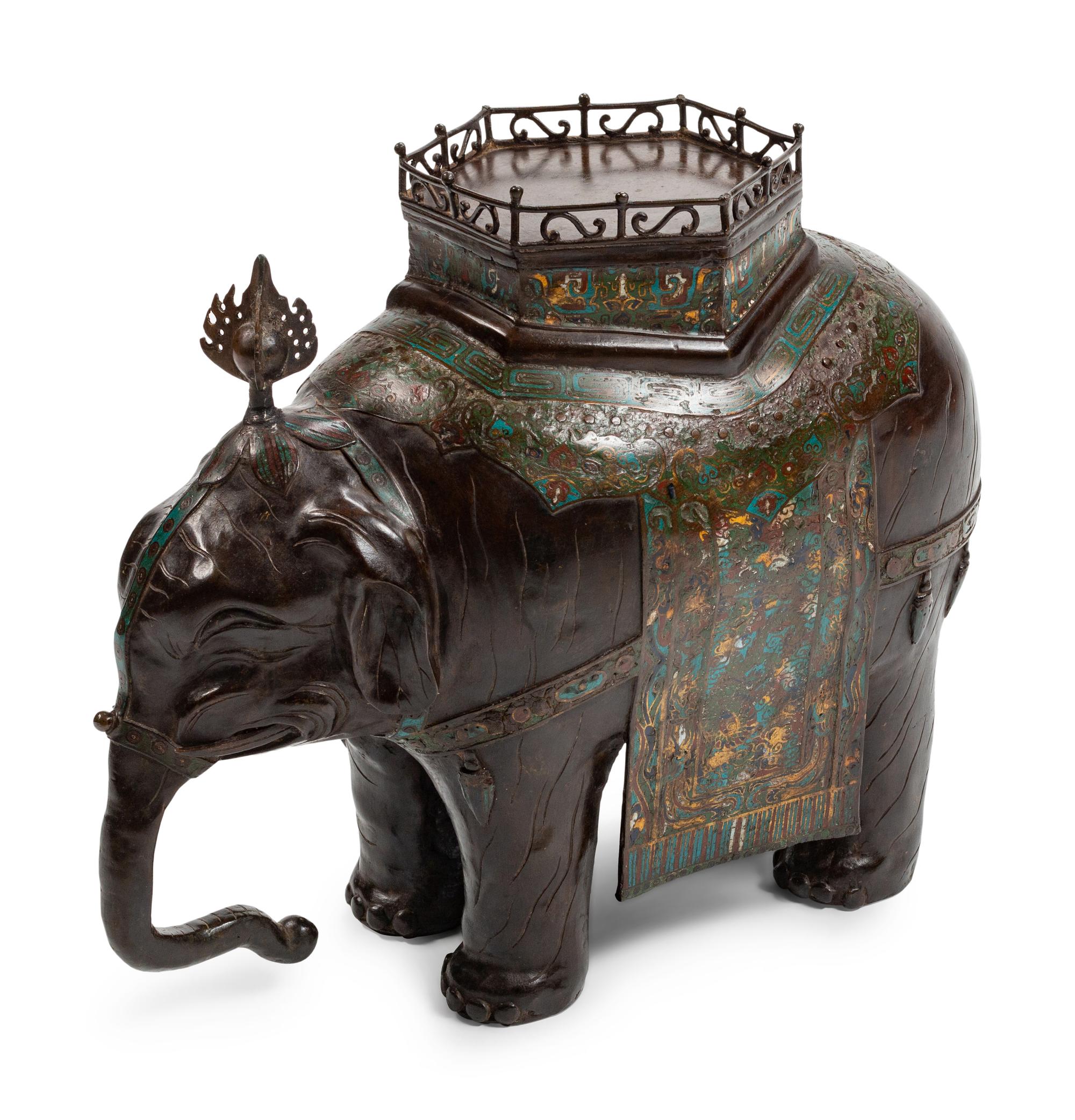 A Japanese Patinated Bronze and Champlevé Enamel Figure of an Elephant — EARLY 20TH CENTURY