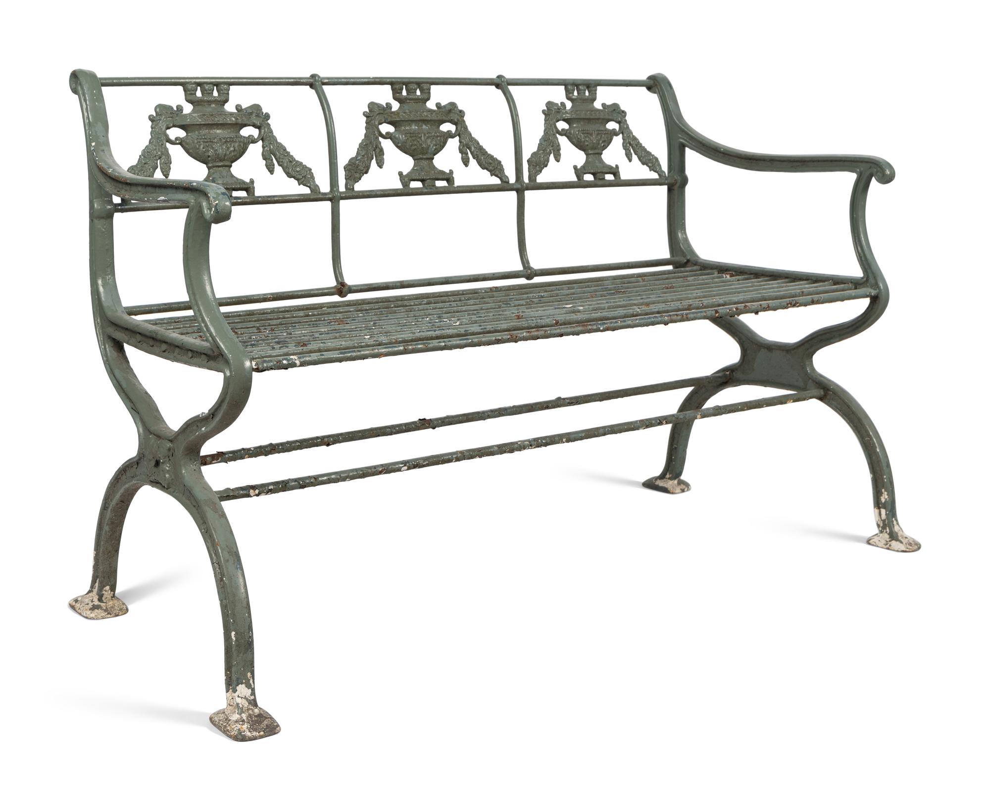 A Pair of Neoclassical Style Painted Iron Garden Benches