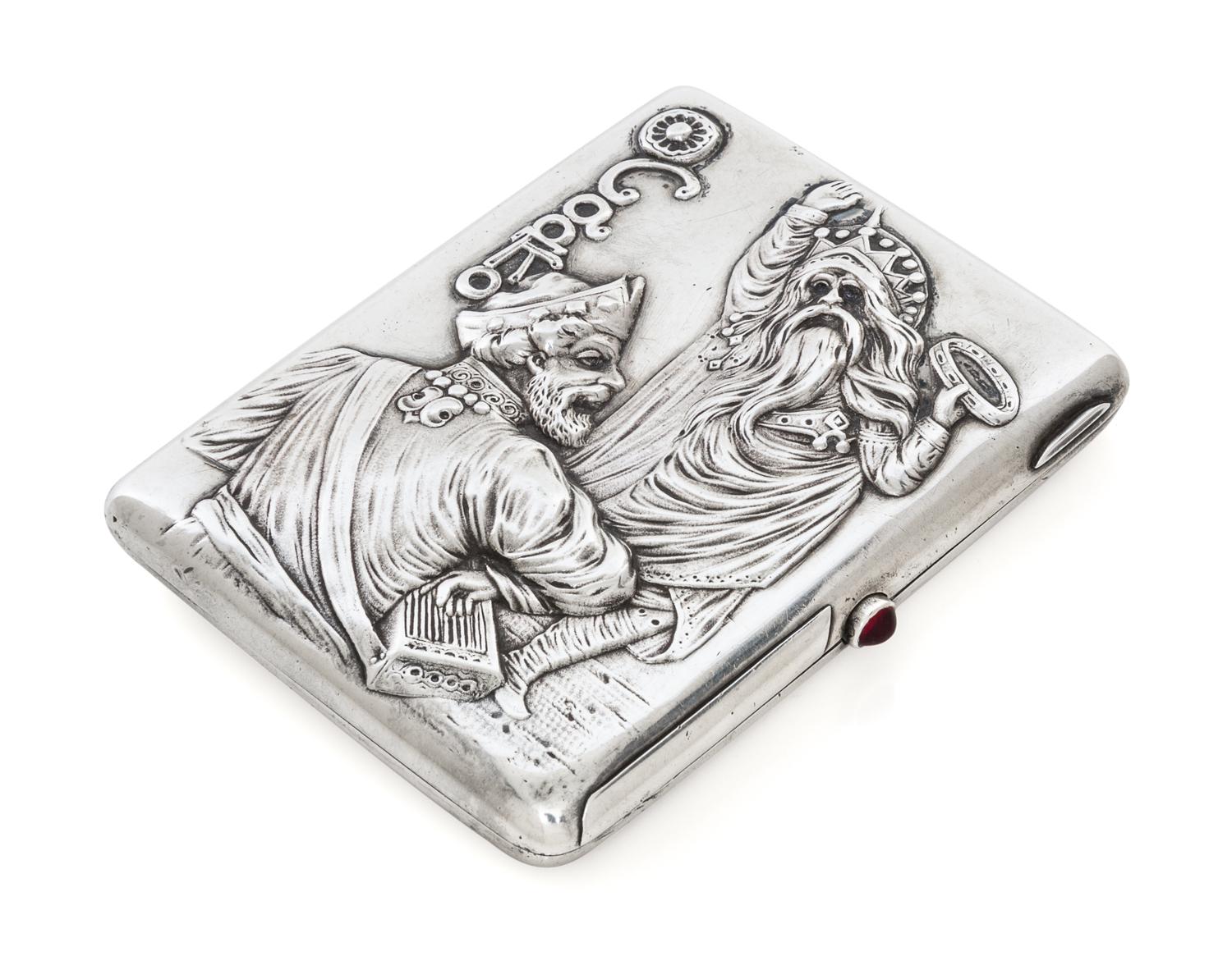 A Russian Silver Cigarette Case, Maker's mark Cyrillic GR, Moscow, early 20th century, the lid depicting the story of Sadko playing an